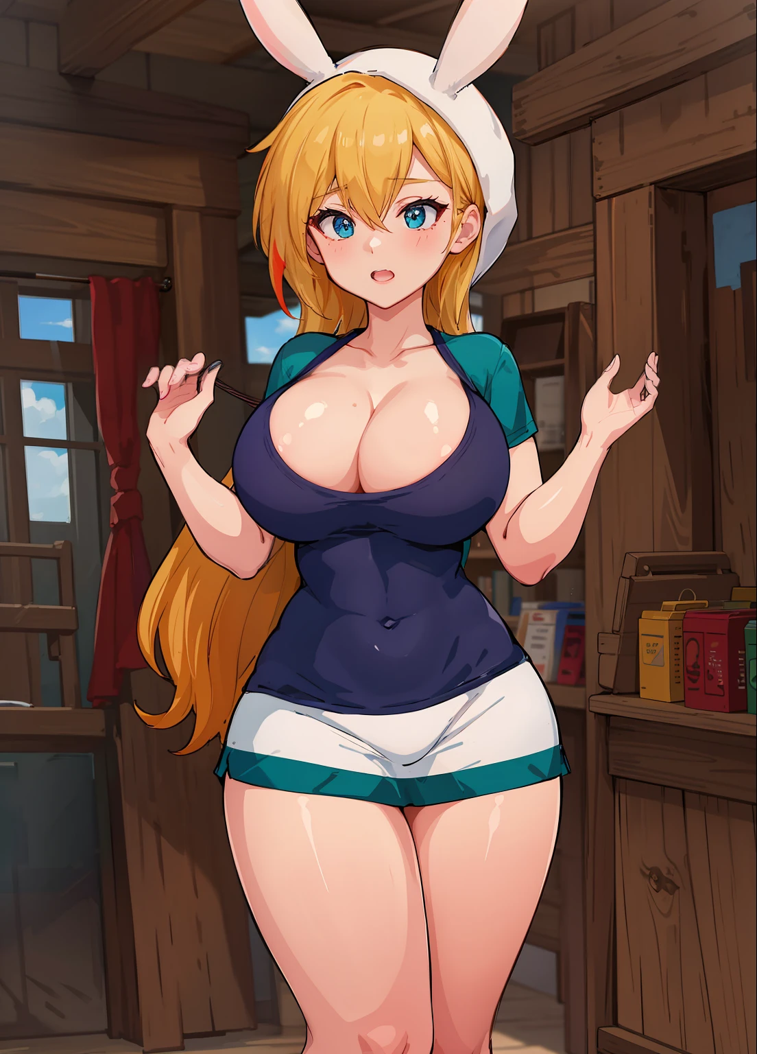((Landidzu art style)), ((masterpiece)), (best quality:1.7), (detailed:1.4), (high res:1.4), 8k, (colorful:1.5), 2d, high resolution, sharped image, 4k, hd, fionna_advtime, 1girl, (((solo))), blonde hair, blue eyes, medium hair, rabbit hood, white thighhighs, large breasts, cowboy shot, hoodie, treadmill shoes, shirt, field, cleavage, grass, clouds, sky, trees, hair between eyes, white bottom, focus on character, on all frame, skirt, ((curvy body)),