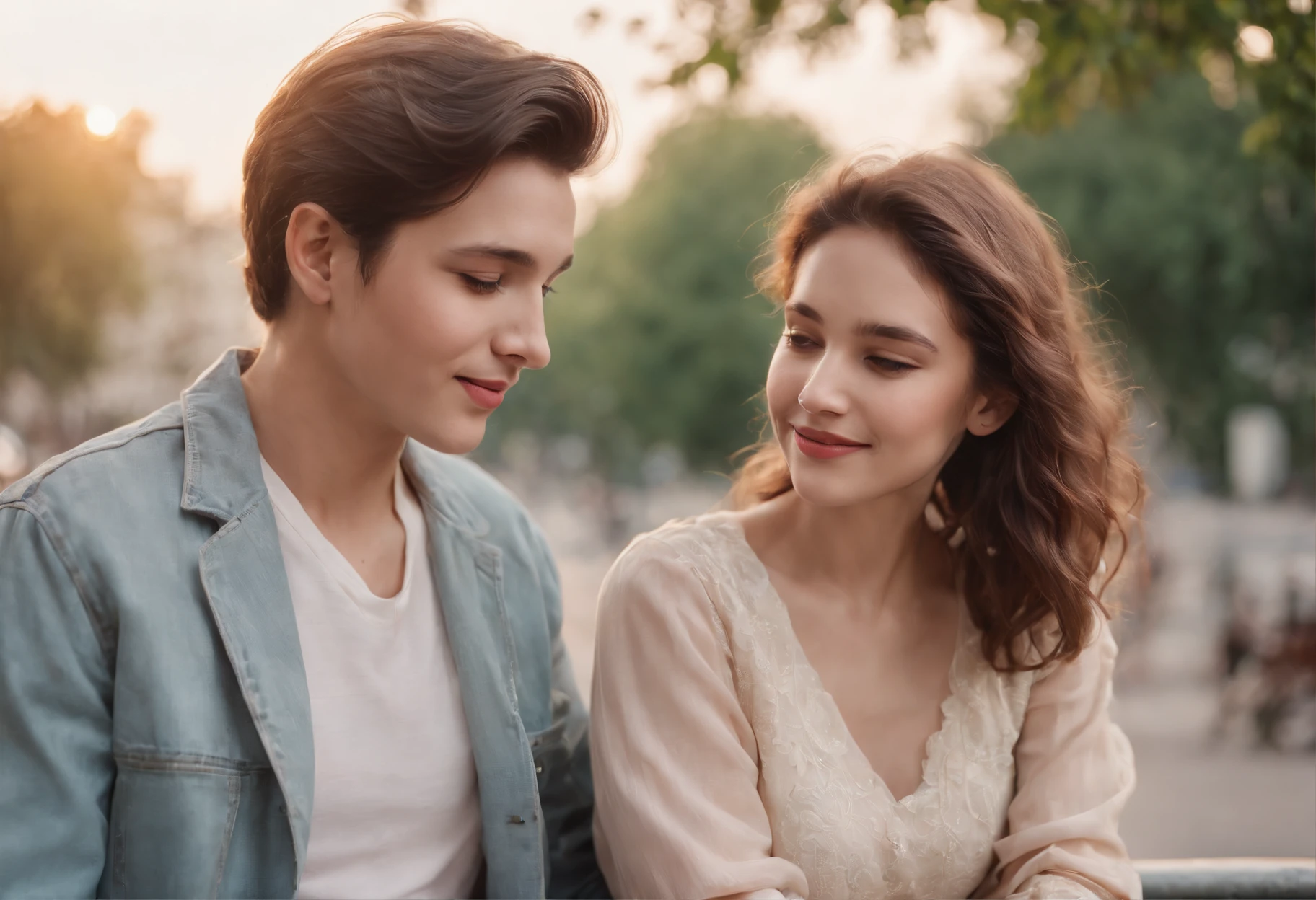 nostalgic, romantic, young couple, holding hands, bicycle ride, street scene, old buildings, vintage fashion, love letter, cassette tape, walkman, sunset, park bench, shy smiles, secret rendezvous, handwritten notes, sweet gestures, gentle touch, stolen glances, heartfelt conversations, first love, innocence, passion, simplicity, timeless, soft focus, warm colors, vintage filters, soft breeze, happy memories, hidden kisses, lingering hugs, simple pleasures, carefree, pure, genuine, love in the air, 80s soundtrack