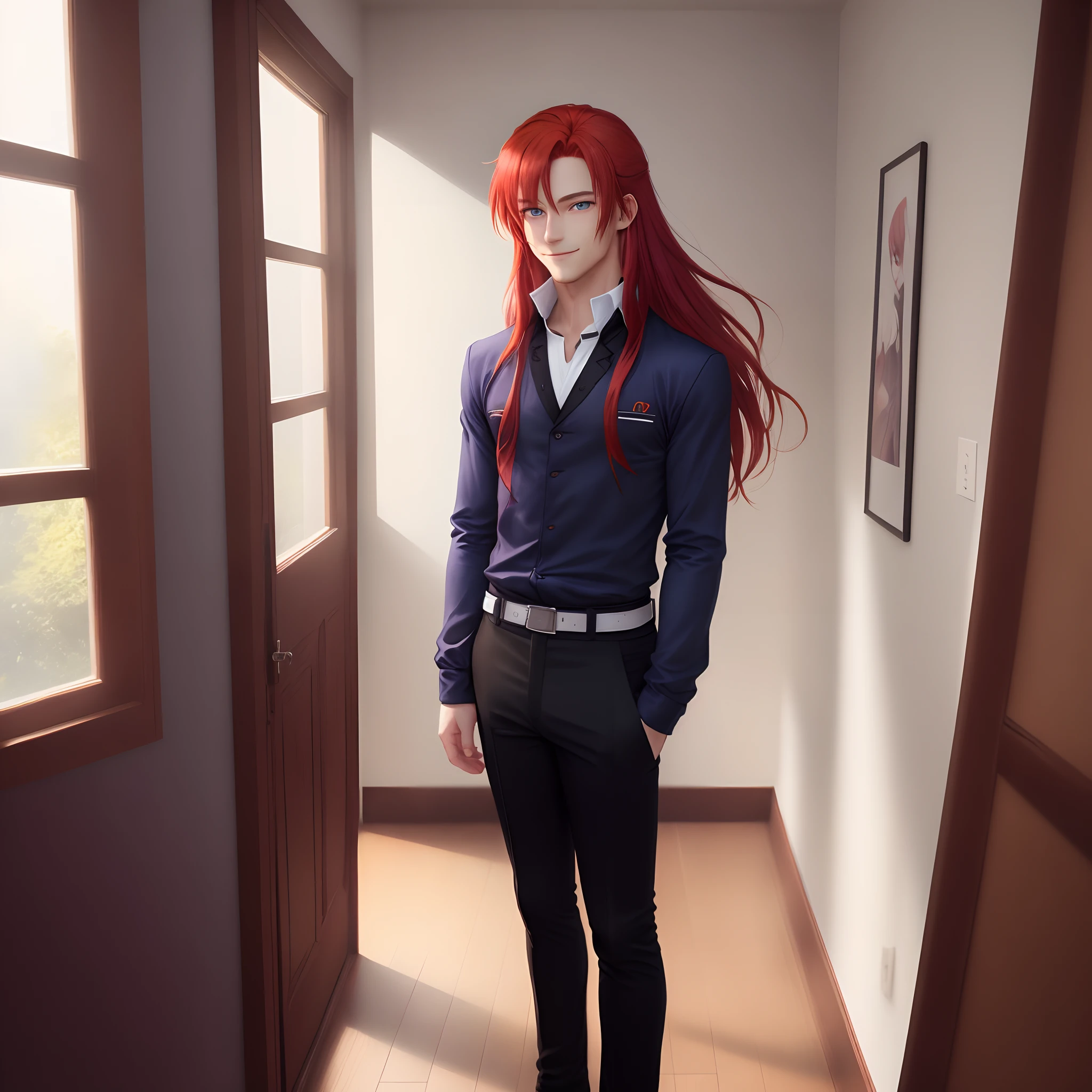 ((red hair)), 24 years, room, knees, black pants, (blue eyes), solo, looking at viewer, black pants, black shirt, (long hair), male focus, 1guy, hair between eyes, long sleeves, standing, bangs, (((looking away))), smile, isekai, fantasy, dark violet uniform.