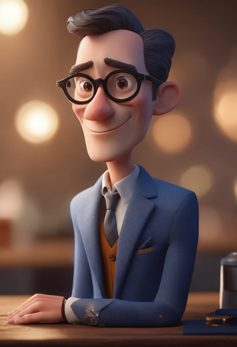 Cartoon character of a man with black glasses and a blue shirt, animation character, Caractere estilizado, animation style rendering, 3D estilizado, Arnold Maya render, 3 d render stylized, toon render keyshot, Personagem 3D, Personagem 3D, 3d rendering stylized, 3 d character render, personagem de desenho animado, Personagem de close up, Pose de personagem, (Estilo Pixar) (master part:1.2) (Bokeh) (best quality) (pele detalhada) (textura detalhada) (8k) (argila) (Cinematic lighting) (foco nítido