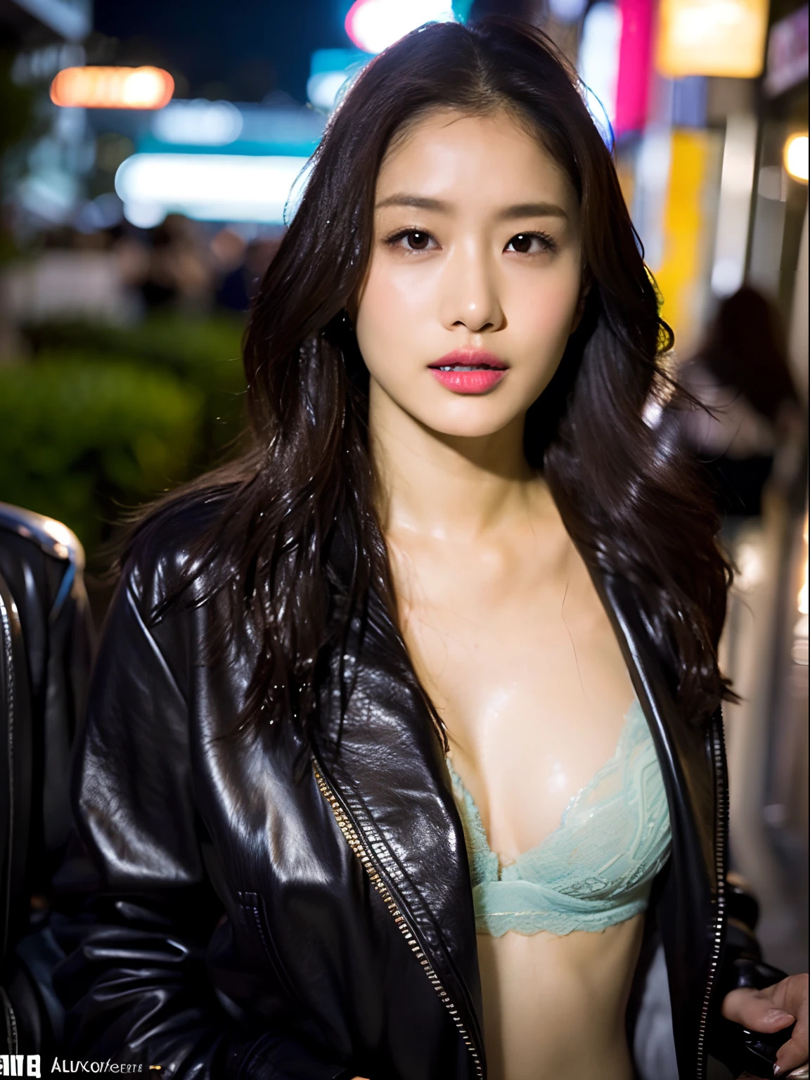(8k, RAW photo, best quality, masterpiece: 1.2), (realistic, photorealistic: 1.37), 1 girl, Japan, 28 years old, female, rain, cityscape, night, street, blurred background, (real person, photo), full body, detailed face, detailed lips, detailed eyes, more skin, double eyelids, dark brown hair, (large breasts: 1.5), (red underwear)), large areola: 1.4, ( pubic shape is clearly visible), pubic hair, (wet bare skin: 1.3), open the front of the leather jacket to emphasize cleavage, perfect body, breasts, sexy poses, sexy looks, cowboy shots, eye contact with the camera