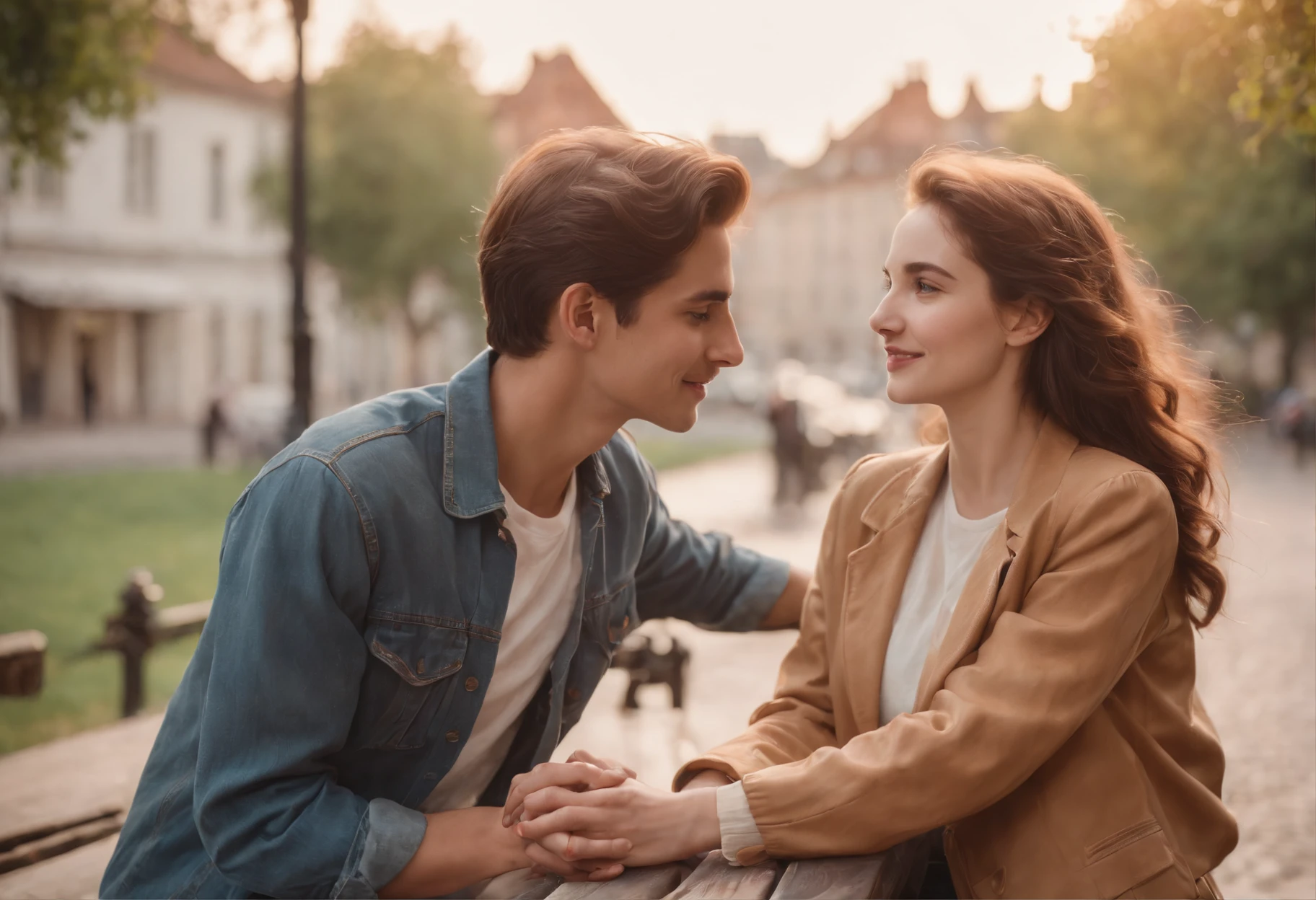 nostalgic, romantic, young couple, holding hands, bicycle ride, street scene, old buildings, vintage fashion, love letter, cassette tape, walkman, sunset, park bench, shy smiles, secret rendezvous, handwritten notes, sweet gestures, gentle touch, stolen glances, heartfelt conversations, first love, innocence, passion, simplicity, timeless, soft focus, warm colors, vintage filters, soft breeze, happy memories, hidden kisses, lingering hugs, simple pleasures, carefree, pure, genuine, love in the air, 80s soundtrack
