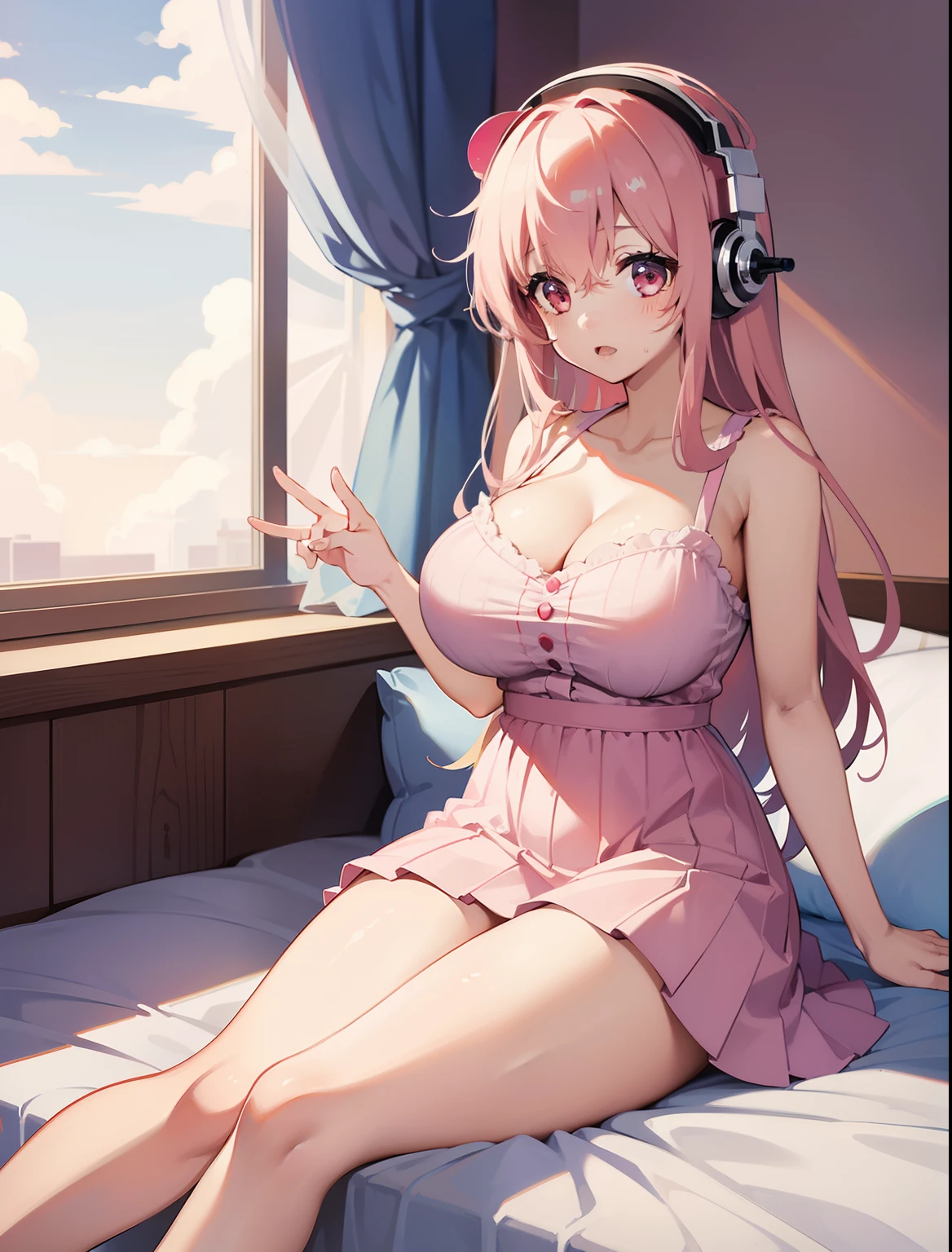 (1girl), Super Sonico enjoying the beautiful sunset scenery, she is in her room with pink walls sitting on her bed next to the window, with her red eyes shining and headphones on, with hello kitty stuffed toy next to her, cute stuffed toys on the bed, wearing a pink and white tight dress with hearts, massive breasts, huge breasts, 1girl, solo, masterpiece, high quality