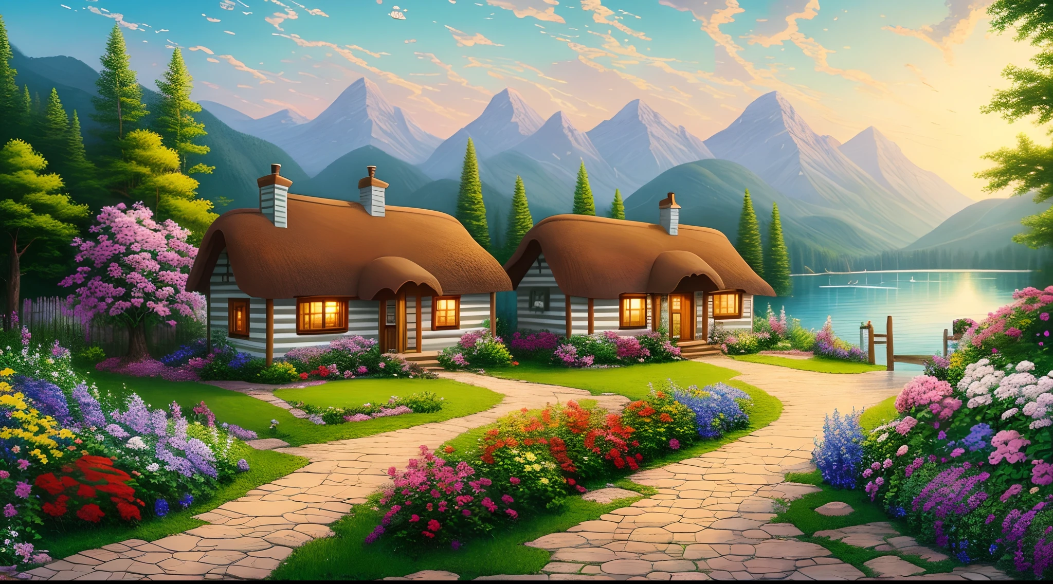 painting of a cottage, flowers beside of fence, fence along the road, mountain landscape with a lake and a boat, illustration matte painting, inspired by Thomas Kinkade, symmetric matte painting, detailed scenery , style raw, 8 k ultra detailed