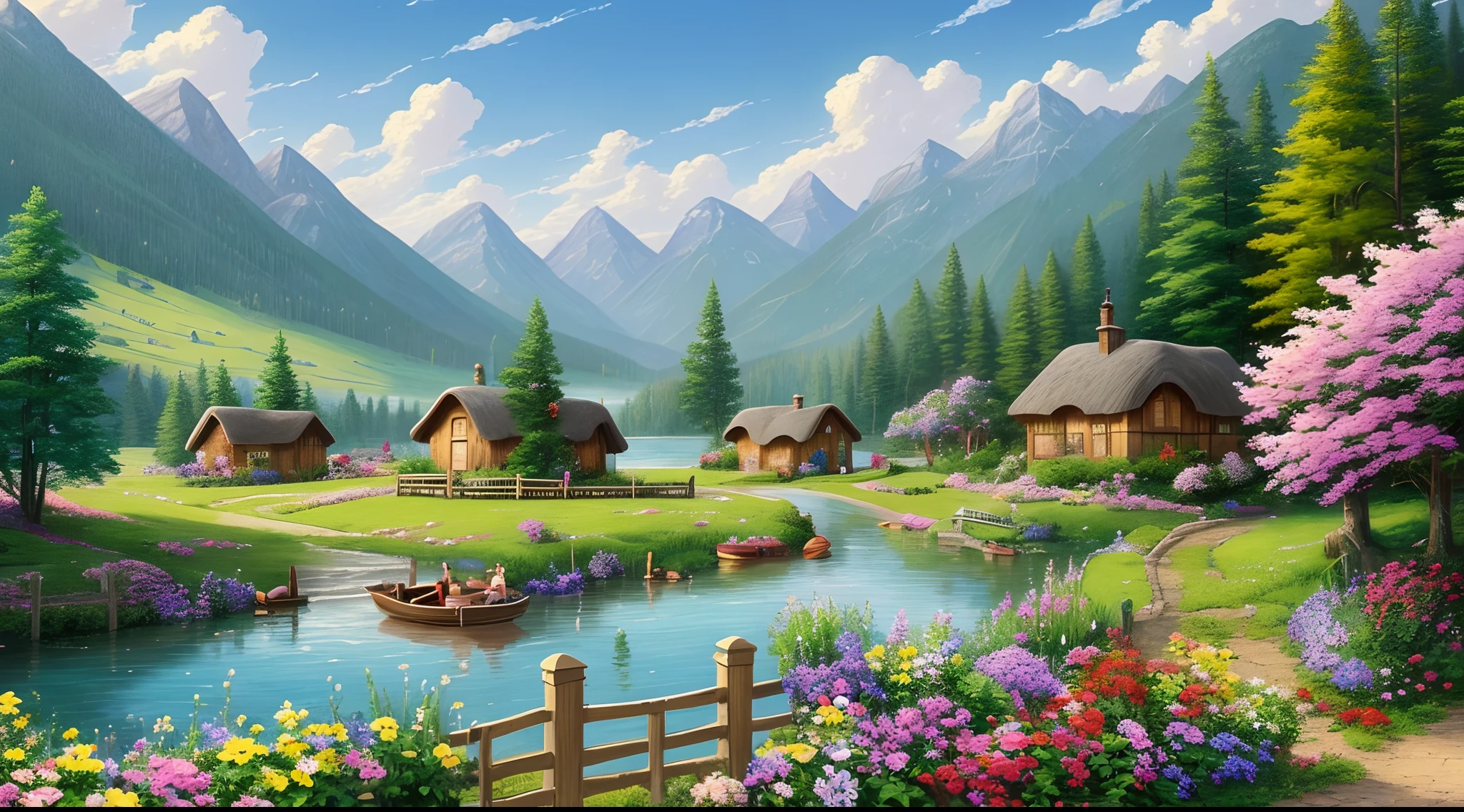 painting of a cottage, flowers beside of fence, fence along the road, mountain landscape with a lake and a boat, illustration matte painting, inspired by Thomas Kinkade, symmetric matte painting, detailed scenery , style raw, 8 k ultra detailed