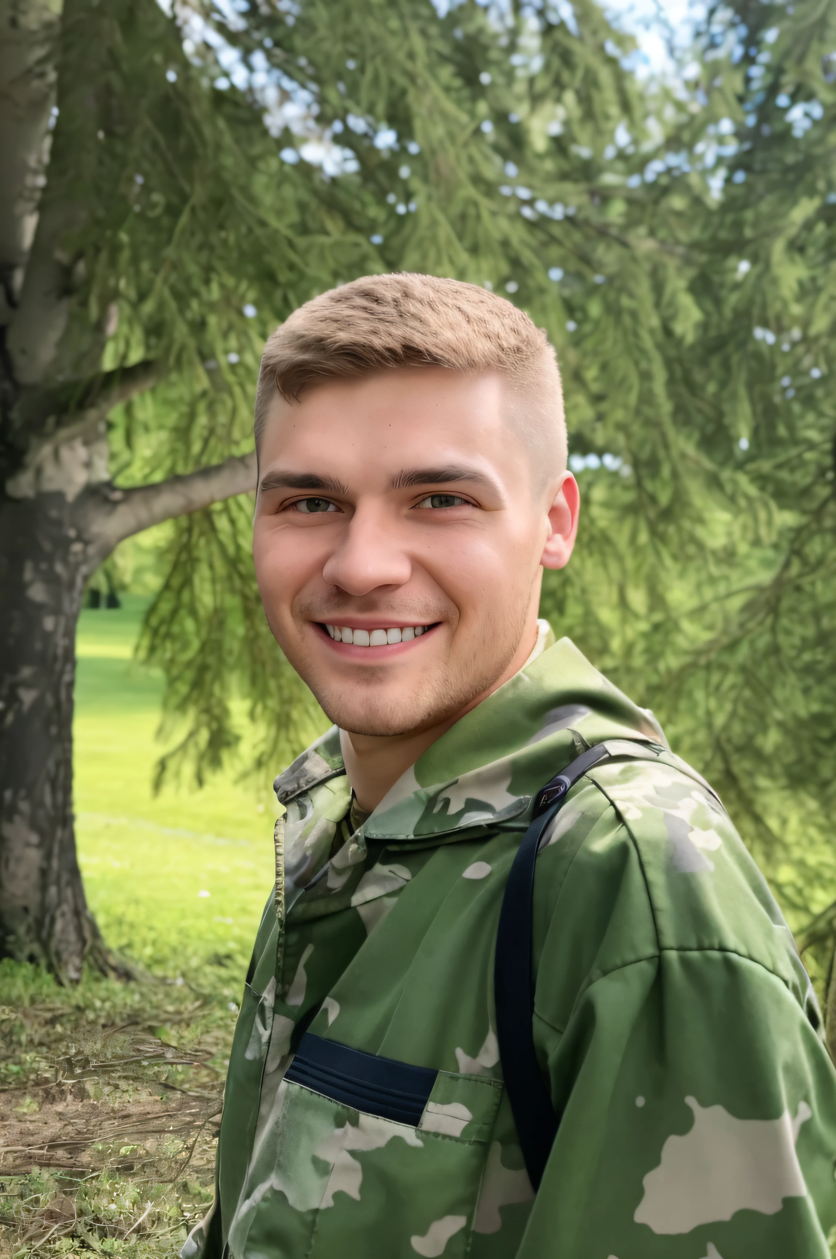 Smiling young man in military uniform, Standing in front of a tree, by andrey ryabovichev, andrei riabovitchevy, alexey gurylev, andrea savchenko, artyom turskyi, Jakub Rebelka, daniil kudriavtsev, andrey surnov, bogdan rezunenko, maxim shirkov