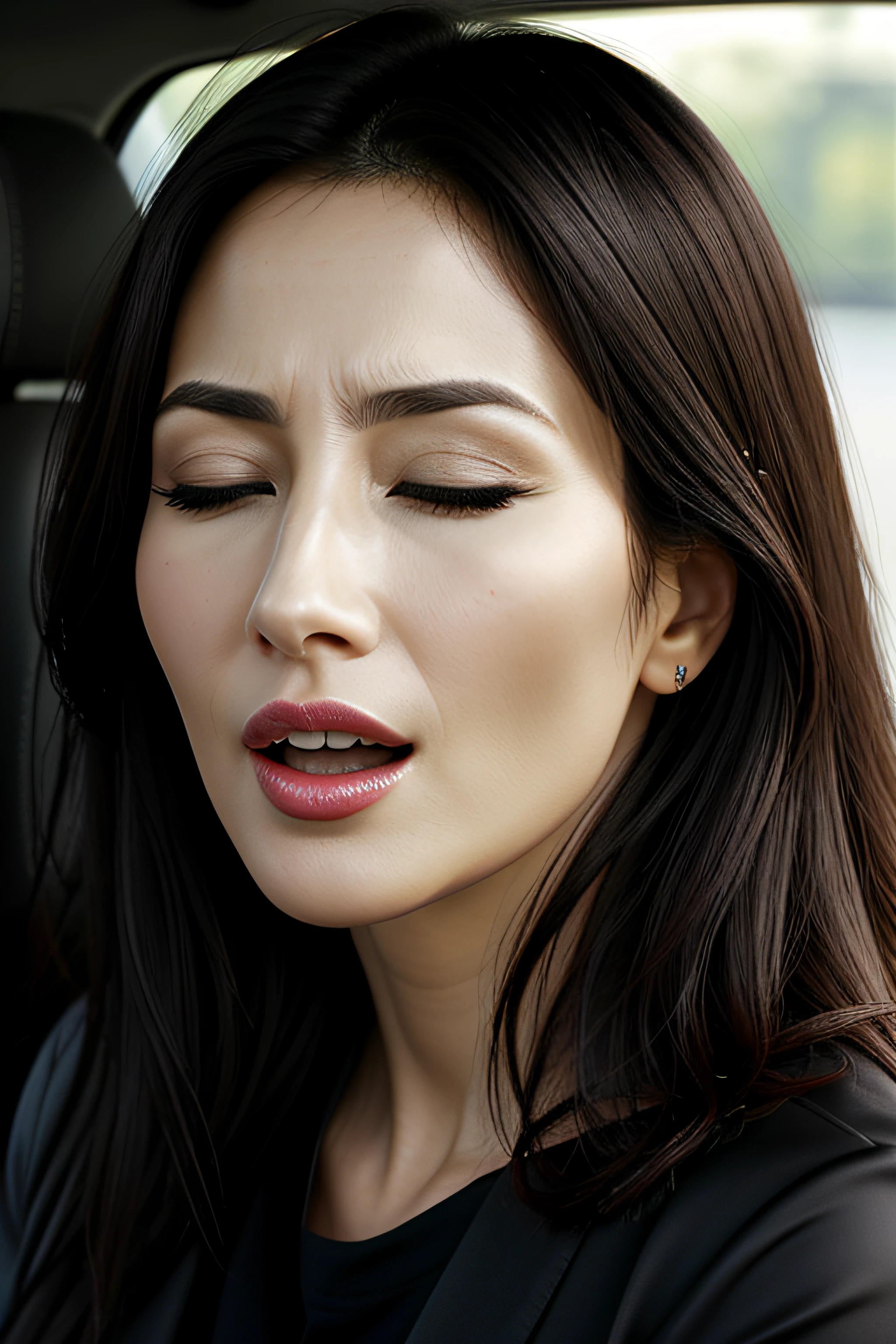 masutepiece,,award - winning photo, Extremely detailed, edgOrgasm,Face Focus, Woman with mouth open and eyes closed , Woman with Edge _Face、35 year old、A dark-haired、CNN News Anchor、Glossy skin、In the car、