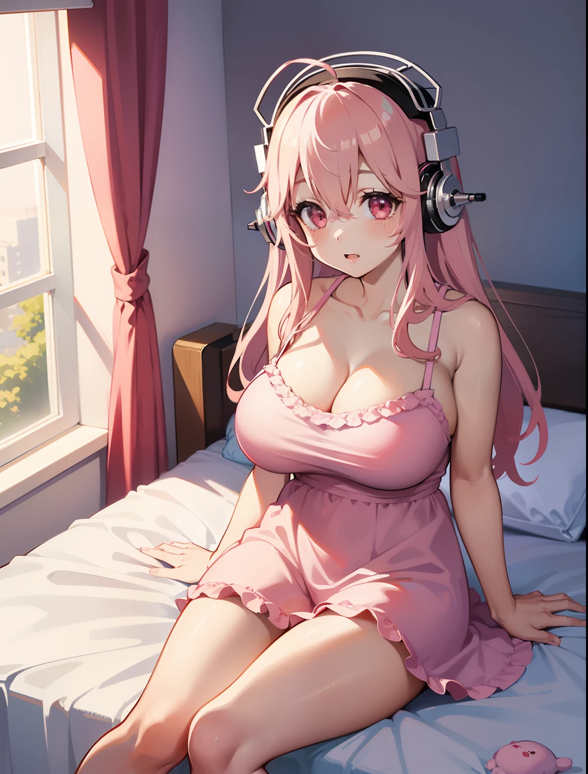 (1girl), Super Sonico enjoying the beautiful sunset scenery, she is in her room with pink walls sitting on her bed next to the window, with her red eyes shining and headphones on, cute cat stuffed toys on the bed, wearing a pink and white tight dress with hearts, massive breasts, huge breasts, 1girl, solo, masterpiece, high quality