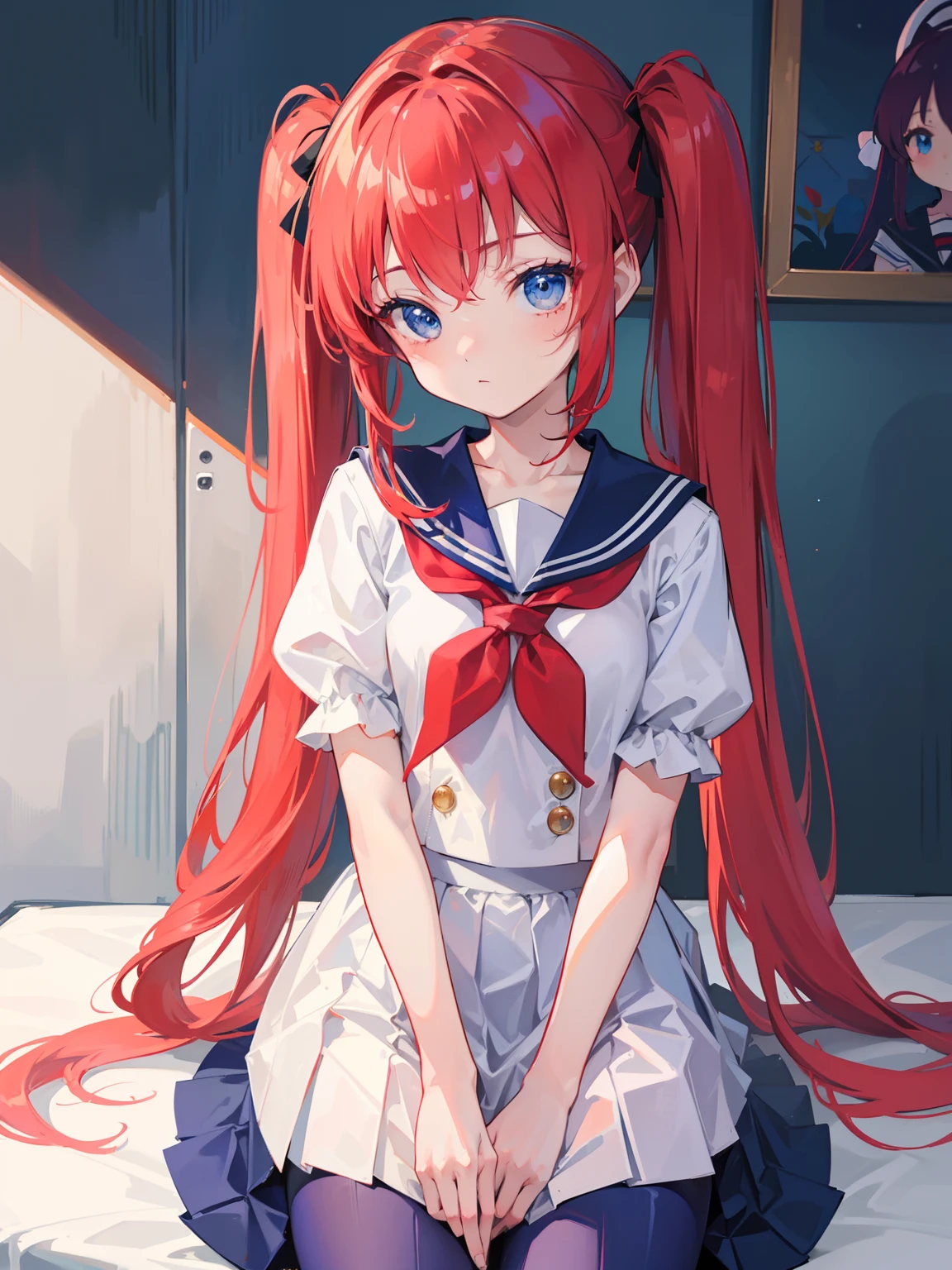 {{best quality}}, {{masterpiece}}, {{ultra-detailed}}, {illustration}, {detailed light}, red hair, blue eyes, twintails, Sailor suit,Pleated skirt,cute face,loli,little girl,
