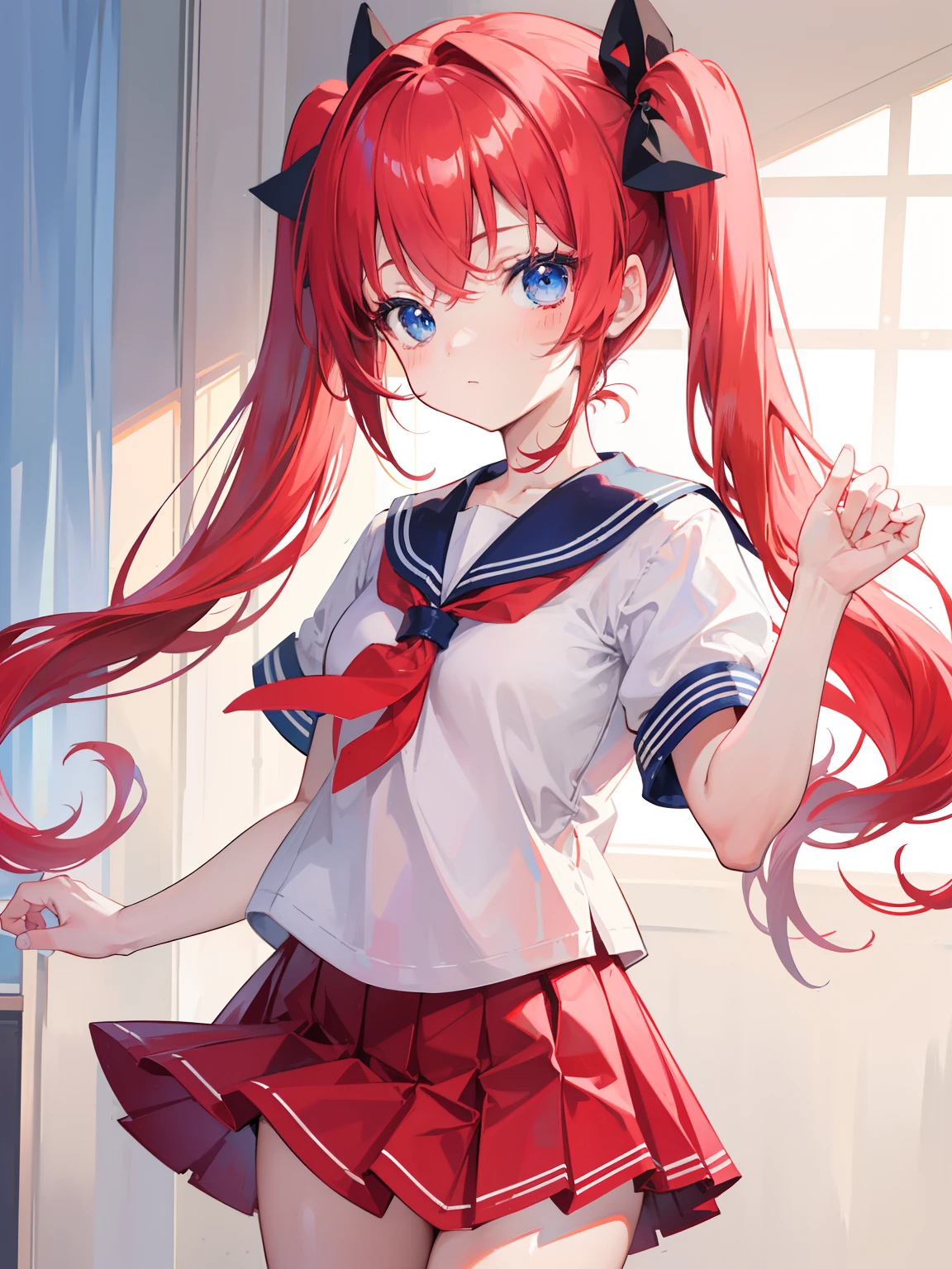 {{best quality}}, {{masterpiece}}, {{ultra-detailed}}, {illustration}, {detailed light}, red hair, blue eyes, twintails, Sailor suit,Pleated skirt,cute face,loli,little girl,