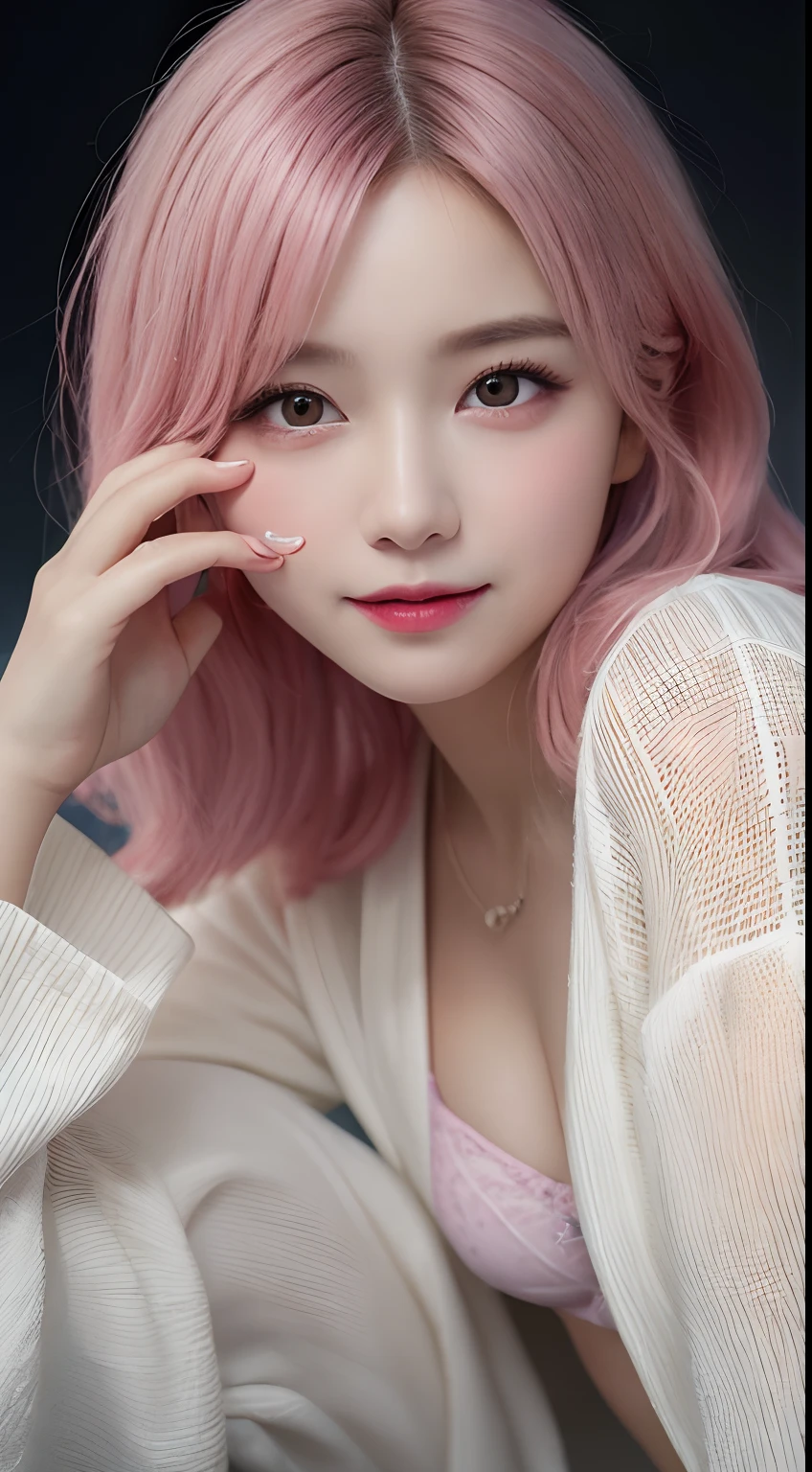 (Best Quality Detail)、realisitic、8K UHD、hight resolution、(1girl in:1.2)、(Pink hair), The ultra-detailliert、High quality textures、intricate detailes、ultra-detailliert、Very detailed CG、High quality shadows、Detail Beautiful delicate face、Detail Beautiful delicate eyes、depth of fields、Ray traching、in her 20s、Pretty Kpop Girl、(Korean Urzan Face)、Slender face、(ulzzang -6500-v1.1:0.6)、pureerosface_v1、gloweyes、perfectbody、 look at viewr、(Best Quality Detail:1.2)、realisitic、8K UHD、hight resolution、(1girl in:1.2)、The ultra-detailliert、High quality textures、intricate detailes、teak、Glossy lips,(Delicate and best smile)、high-level image quality, The highest image quality, top-quality, Photorealsitic, 4K 8K UHD Full Color RAW Photos, Fuji Film(Medium format), Hasselblad, Carl zeiss, (Knee shot)、hight resolution, High pixel count, clear details, crisp image, Natural color reproduction, Noise Reduction, High fidelity, qulity, Optimized algorithms, Pro-level retouching,(Pink hair), (long)、(Layered Hair Style), Description beautiful delicate hair、(((Underwear penetration)))、Night Hotel、neons、(Delicate and best smile),