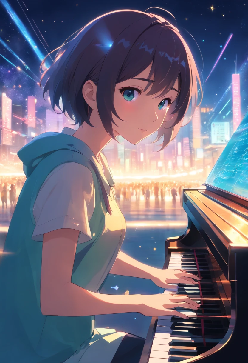 masterpiece、top-quality、Movie stills、Yu Suzuno、Circular piano keyboard、Cold soft lighting、Aquamarine colored lights、(Spark:0.7)、Sparkling big and small stars