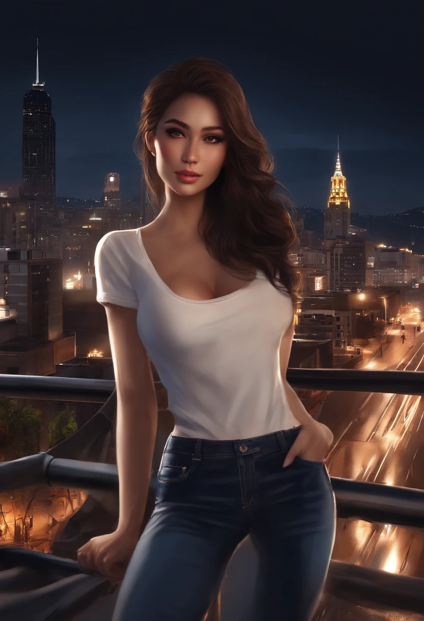 ((Midnight, Best quality, 8k, Masterpiece :1.3)), Whole body, Long legs, Sharp focus :1.2, A pretty woman with perfect figure :1.4, Slender abs :1.1, ((Dark brown hair, Big breasts :1.2)), (White tight tshirt, Jean bib, Standing:1.2), ((Night city view, Rooftop:1.3)), Highly detailed face and skin texture, Detailed eyes, Double eyelid