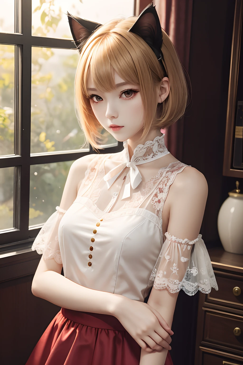 Top Quality, Masterpiece, High Resolution, 1 girl, Slender, 独奏, upper-body, cat ears, short golden hair, red eyes, about 18 years old, lace clothes