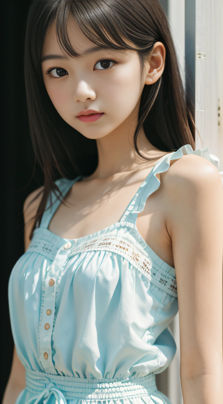 masutepiece, Best Quality, Raw photo, absurderes, award winning portrait, Solo, Beautiful Girl, 18year old, 8K, Looking at Viewer, Digital SLR, richly colored, natural, Candid, white elegance eyelet ruffle sleeveless shirt, Sophisticated, zora々Right, (Thin arms, High detailed skin:1.2), Cute face, Soft lighting, High quality, Film grain, chromatic abberation, bluish black eyes、A dark-haired