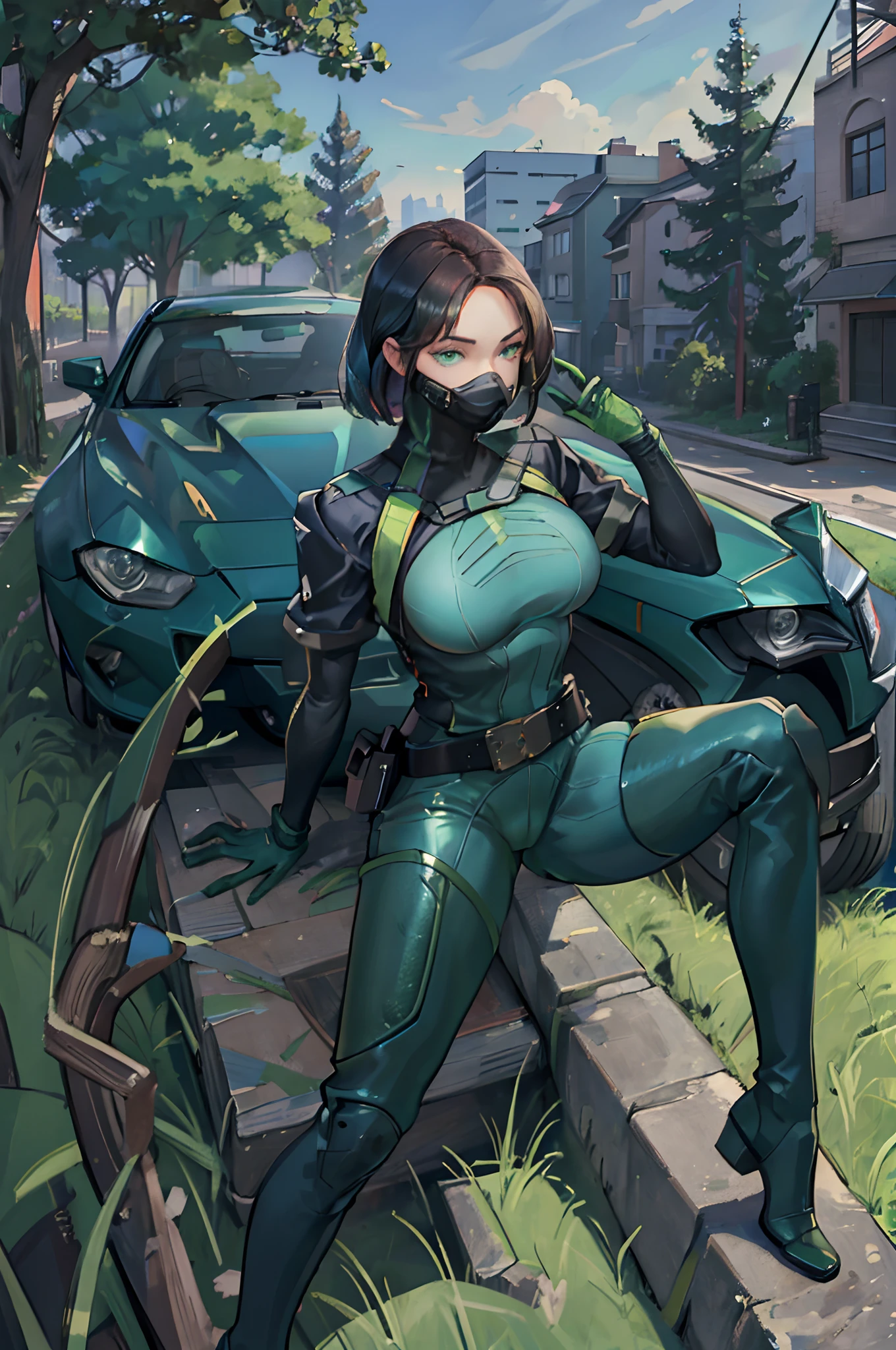 (masterpiece), best quality, expressive eyes, perfect face, 8K resolution, hyper detailed photo, high detailed eyes, bold lines, photoscape, abandoned building background, bright sky, trees, shades, sitting on a car, holding gun, ((huge breasts)), valorantViper, green eyes, bodysuit, gloves, belt, thigh boots, respirator