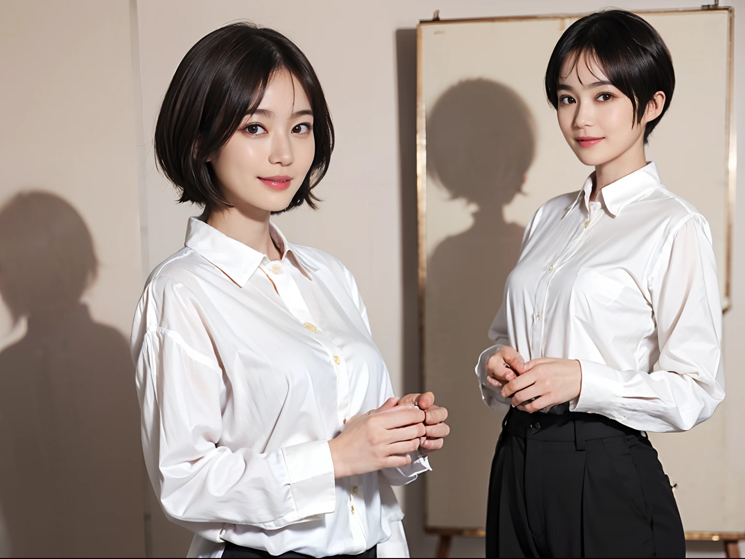 87
(a 20 yo woman,is standing), (A hyper-realistic), (masutepiece), ((short-hair:1.46)), (Smooth black hair), (Breast:1.0), (kindly smile), wear long pants, (Wearing a long-sleeved shirt), (Beautiful skin:1.5), (Big paintings)