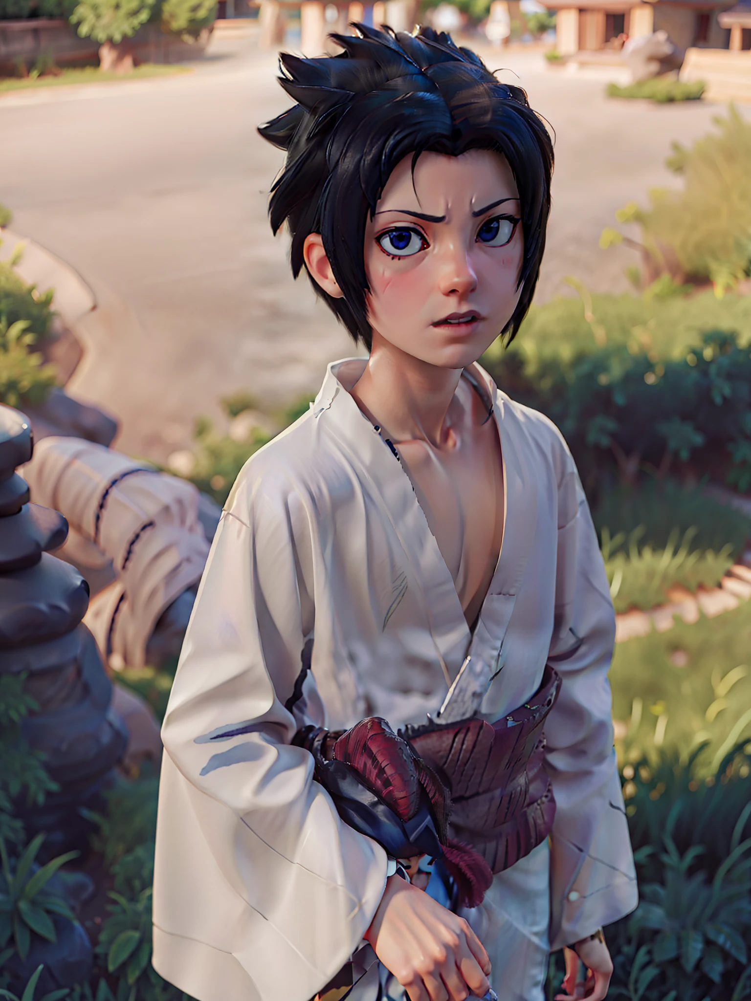 young boy, shota, Sasuke Uchiha, in leaf village, masterpiece, best quality, ultra quality, absurd details, best light, best shadow, sharp, sharp picture, detailed face, detailed eyes, detailed hair, detailed, extremely detailed, great resolution, 8k, 4k, uhd, ray tracing, white kimono, Masterpiece, hiquality, high detail, HD, 4k