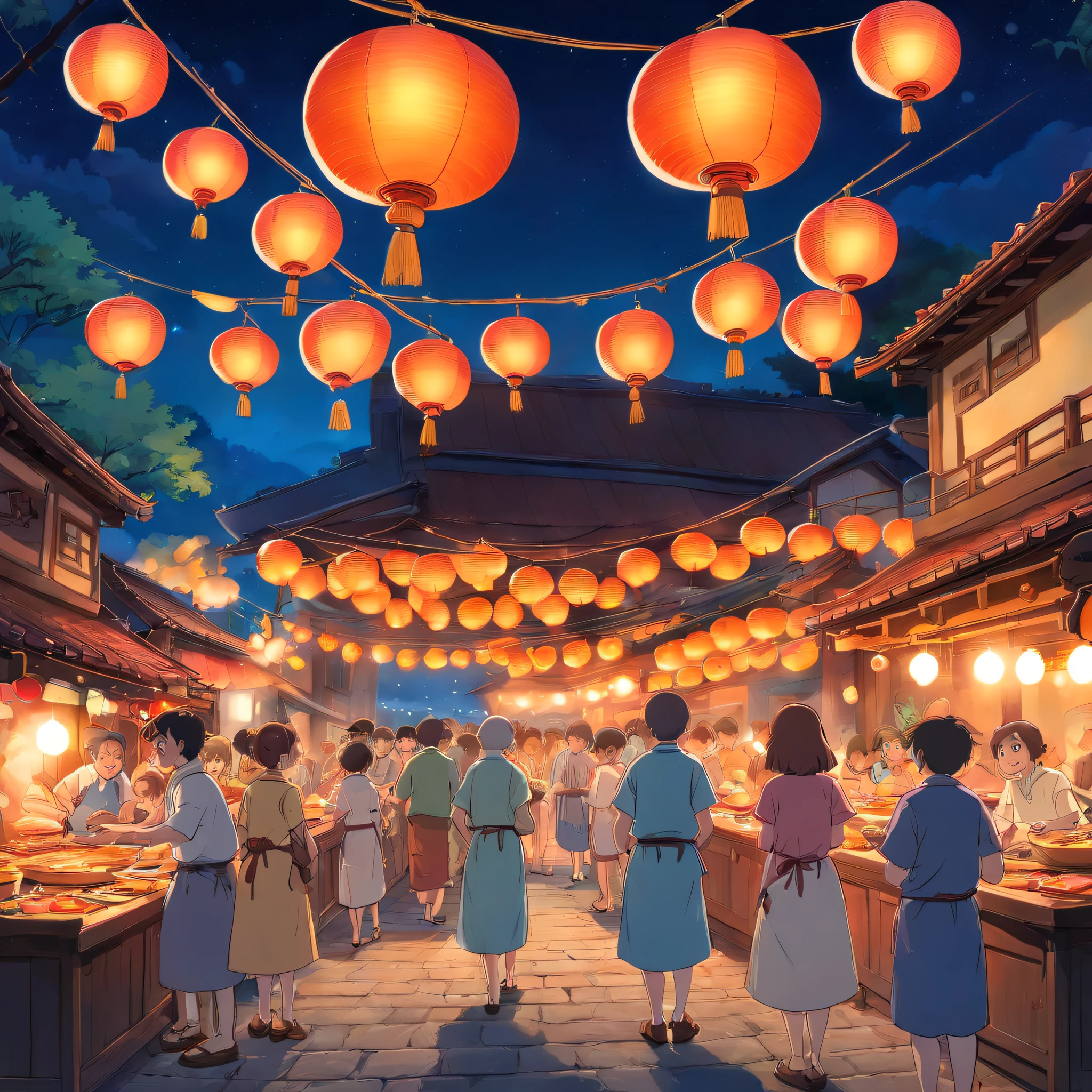 Mid-Autumn Festival,the night,barbecue,lots of people,Brightly lit
