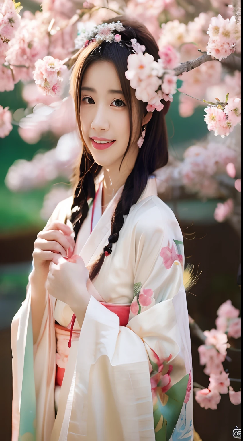 Alafed woman in kimono with flowers on her head, beautiful digital works of art, beautiful digital illustrations, beautiful digital painting, Gorgeous Digital Painting, artwork in the style of guweiz, photorealistic anime girl render, Smooth Anime CG Art, Beautiful digital art, great digital art with details, stunning digital illustration, Detailed Digital Anime Art, render of april, Beautiful anime portrait smiling under a cherry blossom tree、With a high-quality image of facial features,