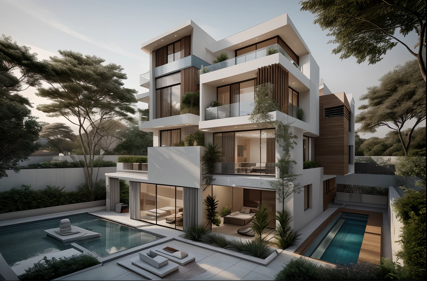 a house with a large glass window, high quality architectural art, architecture art, architectural illustration, contemporary architecture, mono,beautiful and realistic photos, busy surrounding space, realistic trees, surrounding landscape is the city, soft light, late afternoonchrome drawing, realistic architecture, architectural rendering, architectural sketch, in style of zaha hadid architect, architectural concepts, architectural concept, rounded architecture, architecture drawing, artistic drawing, exquisite architecture, beautiful artist rendering, architectural render