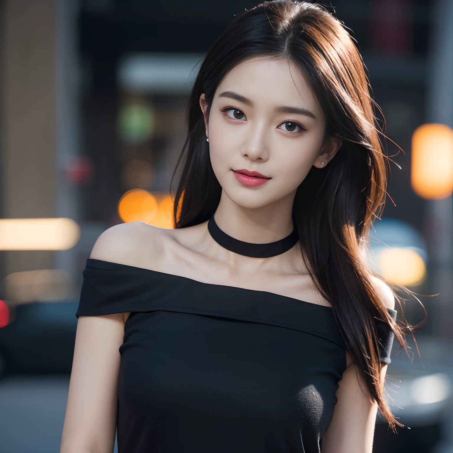 A woman in a black dress standing on a street corner - SeaArt AI