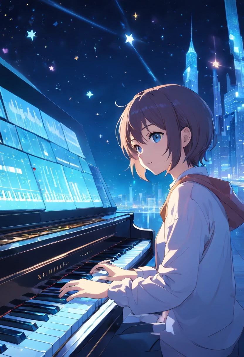 Circular piano keyboard,Aquamarine colored lights,Large and small stars twinkle on the screen,King of prism,yu suzuno,spark:0.7