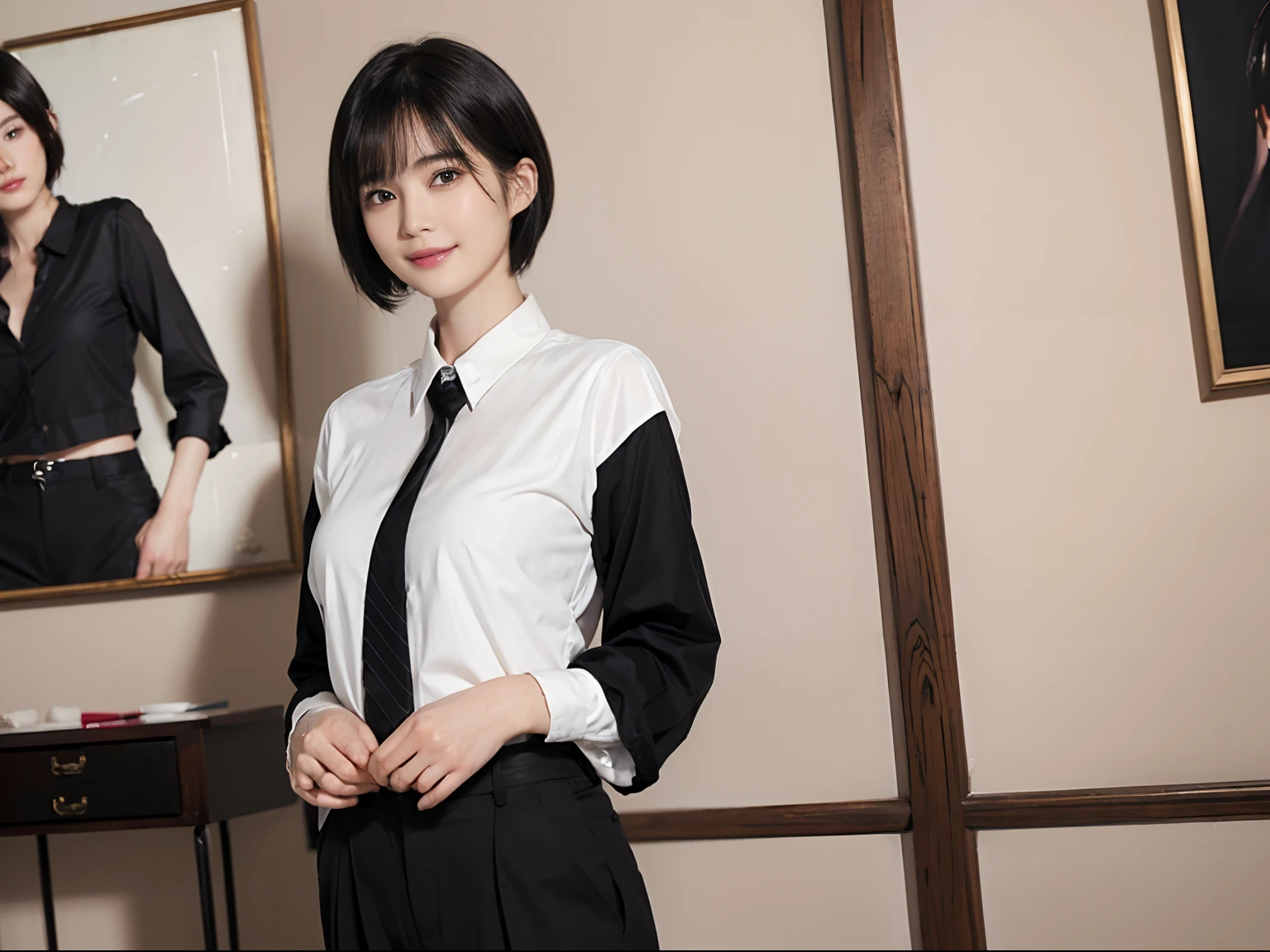 87
(a 20 yo woman,is standing), (A hyper-realistic), (masutepiece), ((short-hair:1.46)), (Smooth black hair), (Breast:1.0), (kindly smile), wear long pants, (Wearing a long-sleeved shirt), (Beautiful skin:1.5), (Big paintings)