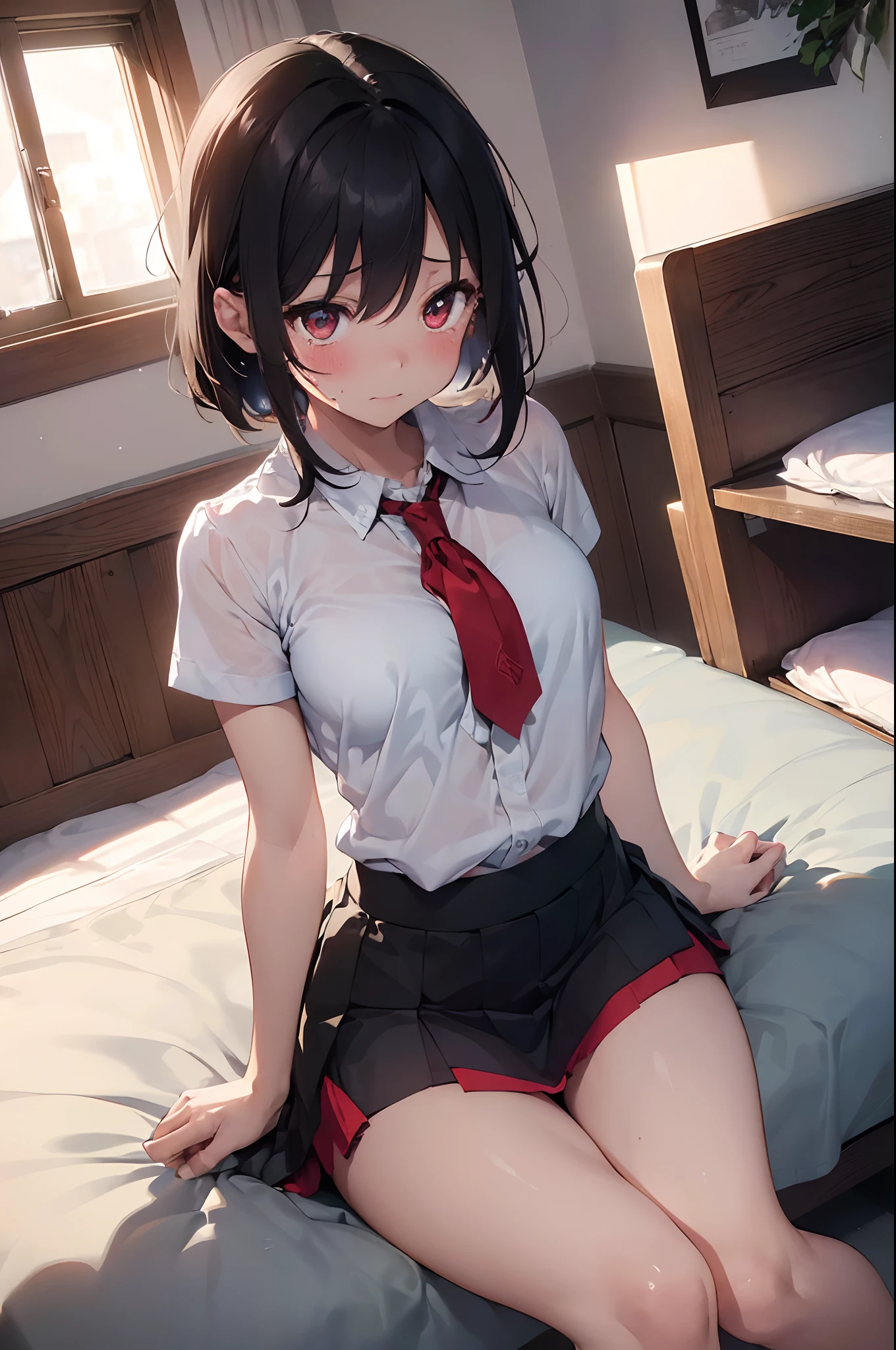 1girl in, (Ultra-high image quality,masutepiece:1.2), spread legswide,plaid skirts,School uniform,White panties,Smiling,on the beds,(Black socks:1.4),8k