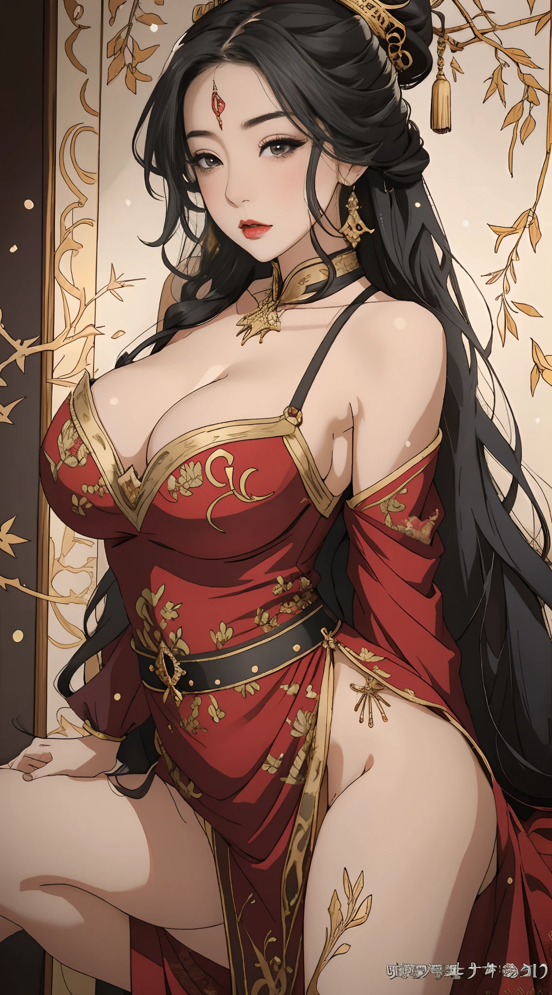 (tmasterpiece,top Quority,best qualtiy,offcial art,Beautiful and aesthetic:1.2),(1girll),Extremely detailed,Colorful,highestdetailed,offcial art,统一 8k 壁纸,ultra - detailed,Beautiful and aesthetic,big breasts beautiful,tmasterpiece,best qualtiy,(zentangle,datura,Tangles,entangled),holy rays,gold foil,Gold leaf art,glitter drawing,Chinese clothes,Red dress,Daji,Bare shoulders,Married Woman,熟妇,mature,plumw,extremely large bosom,Big breasts Thin waist,long leges, 独奏,Open your legs, She has long black hair,bobo head,,seen from the front, best qualtiy,cinmatic lighting,detailed back ground,beatiful detailed eyes,Bright pupils,Black eyes,Snow-whiteskin,Redlip(Very fine and beautiful),(Beautiful and detailed eye description),ultra - detailed,tmasterpiece,))facing at camera,A high resolution,ultra - detailed),laughingly,revealing breasts,Bare genitalia, Bulge,legs are open,Raised sexy,Camel toes,Flushed complexion,Desire for dissatisfaction,frontage,Correct anatomy,Detailed face, Detailed eyes,