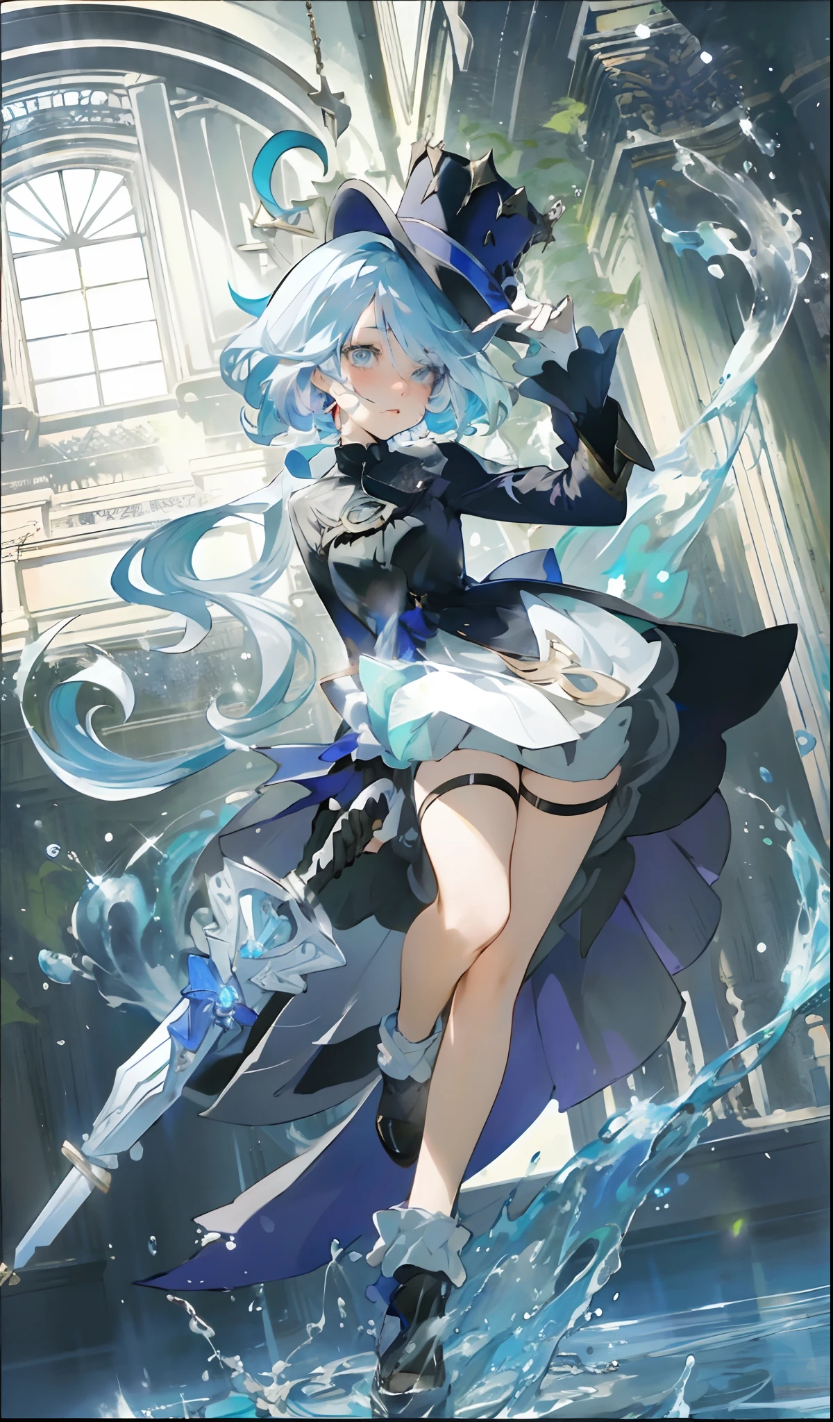 Finina, the god of water，One in a blue dress，Woman in a black hat holding a sword, Splash art anime Loli, Ayaka Genshin impact, Rem Rezero, Detailed key anime art, Beautiful celestial mage, Kushatt Krenz Key Art Women, Official anime artwork, Key anime art, high detailed official artwork,official character art, anime key visual of elegant