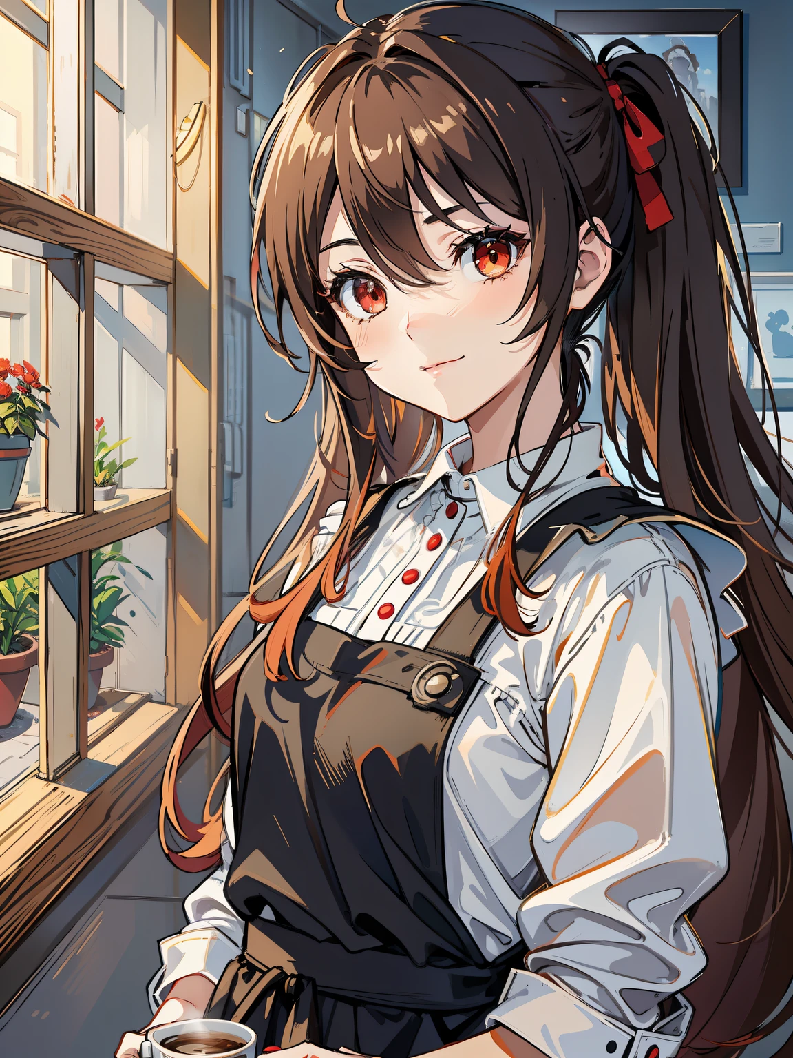 Exquisite masterpiece, best quality, illustration style, an anime girl with a long double ponytail, eccentric, brown hair, coffee girl, white shirt and black apron, small, heartwarming, youthful and beautiful, eccentric, natural casual style, dynamic pose, golden ratio, large aperture portrait, strong contrast between light and shadow, super texture, clear and concise picture, delicate facial expression, black and red matching, red eyes, bright smile