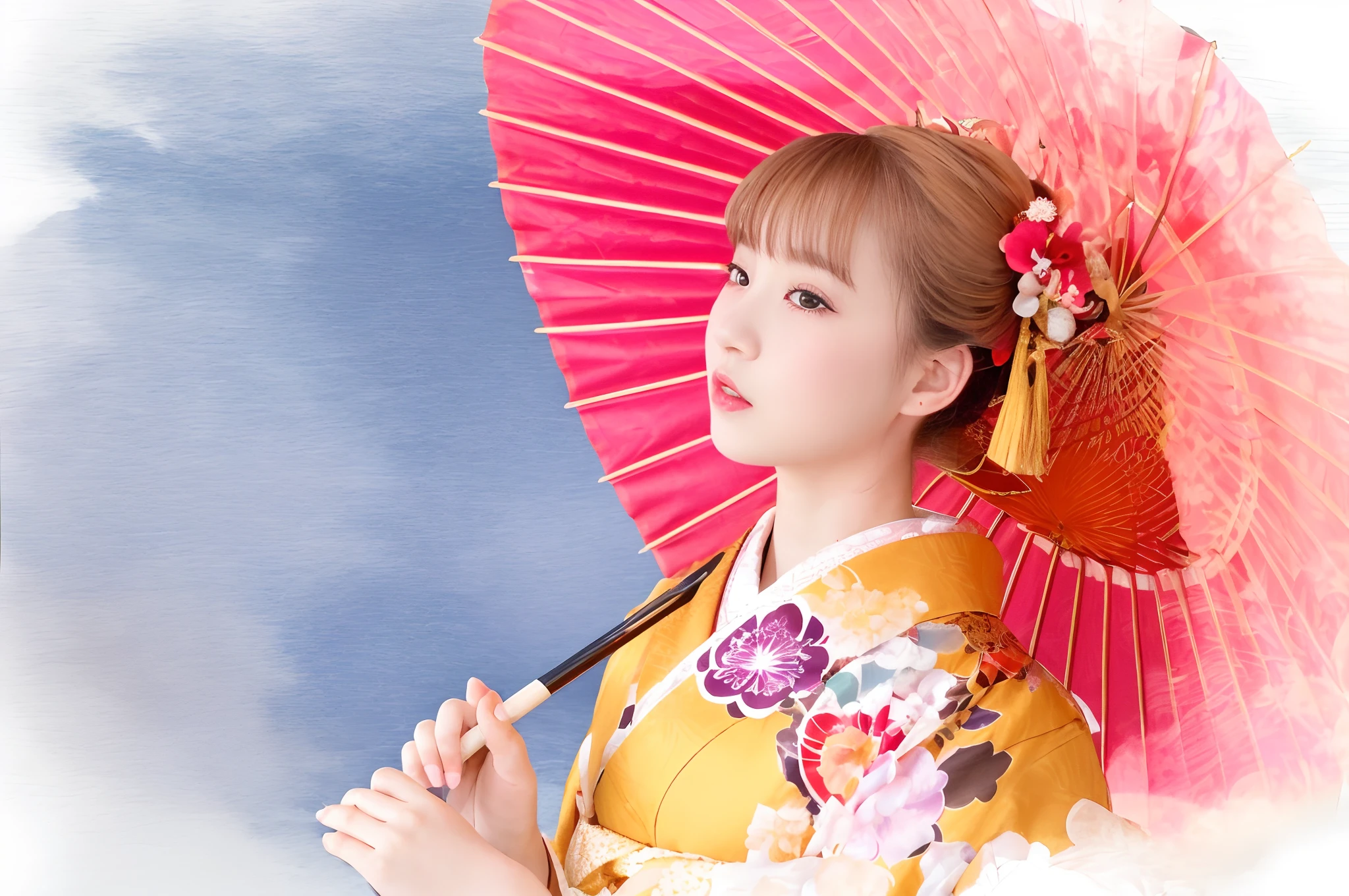 There is a woman in a kimono holding a red umbrella, in a kimono, wearing royal kimono, Kimono, in a kimono, Wearing kimono, japanese kimono, Wearing a kimono, Red kimono, A Japanese style, pale and coloured kimono, geisha photo portrait, shikamimi, bathrobe, sakimichan, Ayaka, traditional japanese