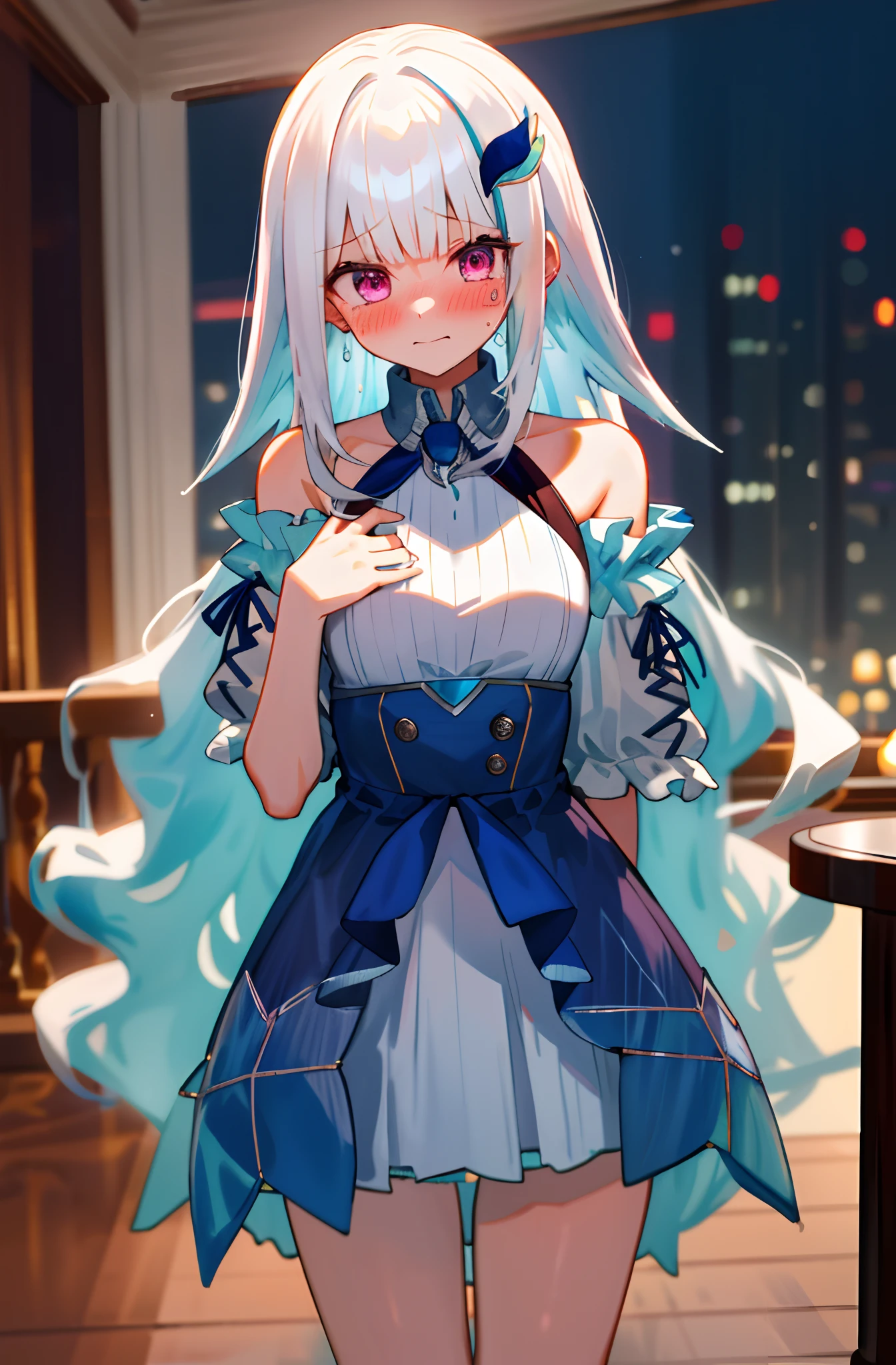 One girl with long wavy hair, white hair, looking at viewer, embarrassed, blushing, tears, indoor , bare shoulders, bare hands, medium breast, mini dress, perfect waist, thigh, luxury rooms, standing, wet, nsfw, night atmosphere, hair ornament