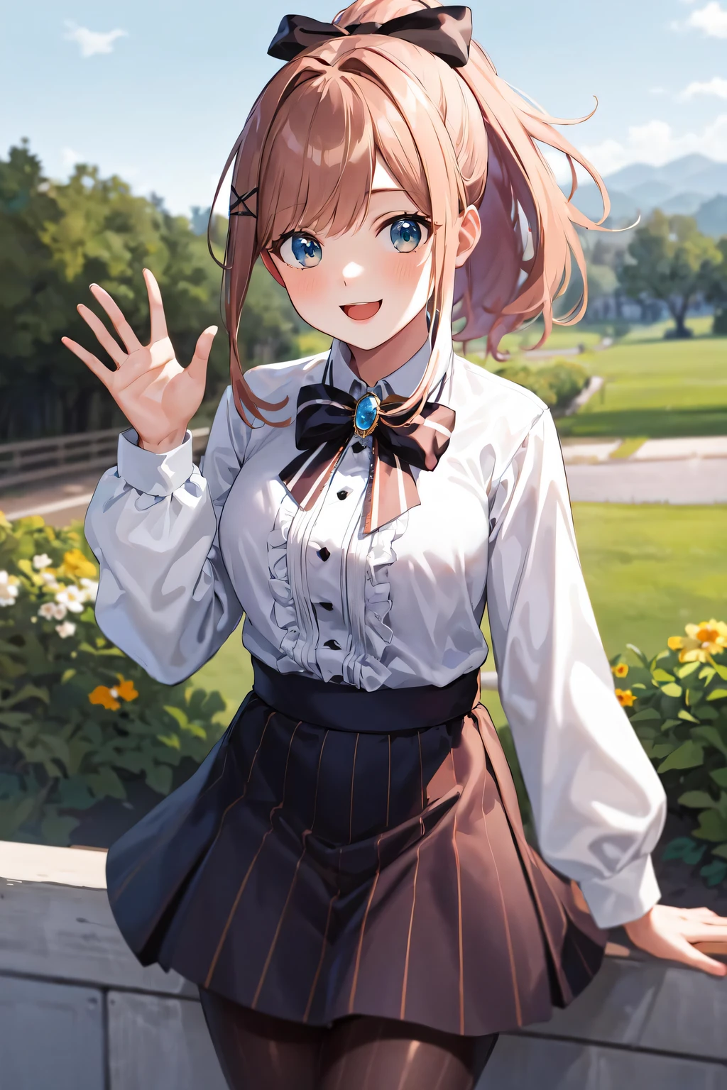 masterpiece, best quality, highres, hmsl1, ponytail, hair ribbon, x hair ornament, jewelry, bowtie, brooch, white shirt, long sleeves, vertical-striped skirt, striped pantyhose, cowboy shot, outdoors, smile, waving, open mouth,
