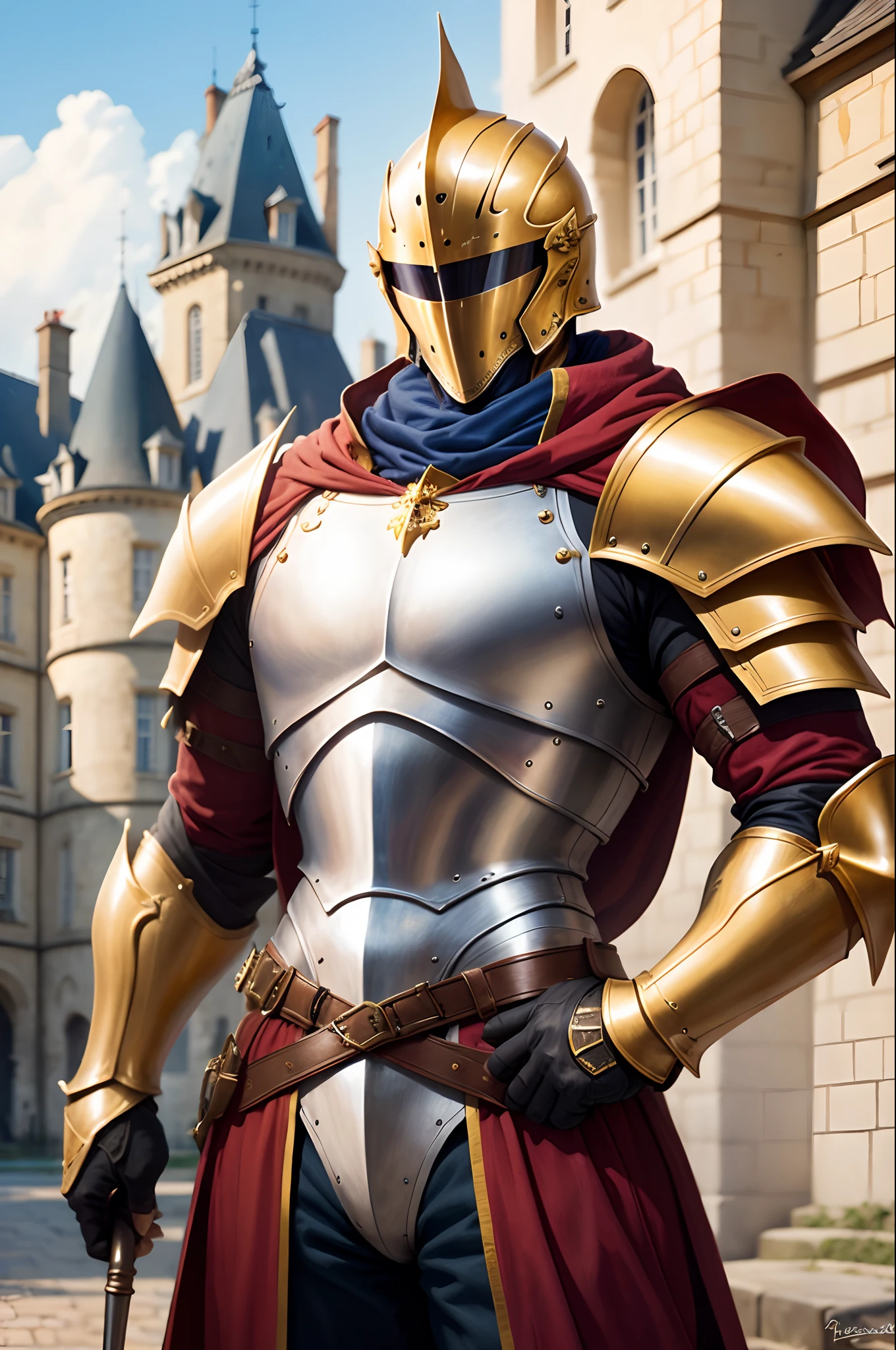 French Knight, Golden Armor, chateau