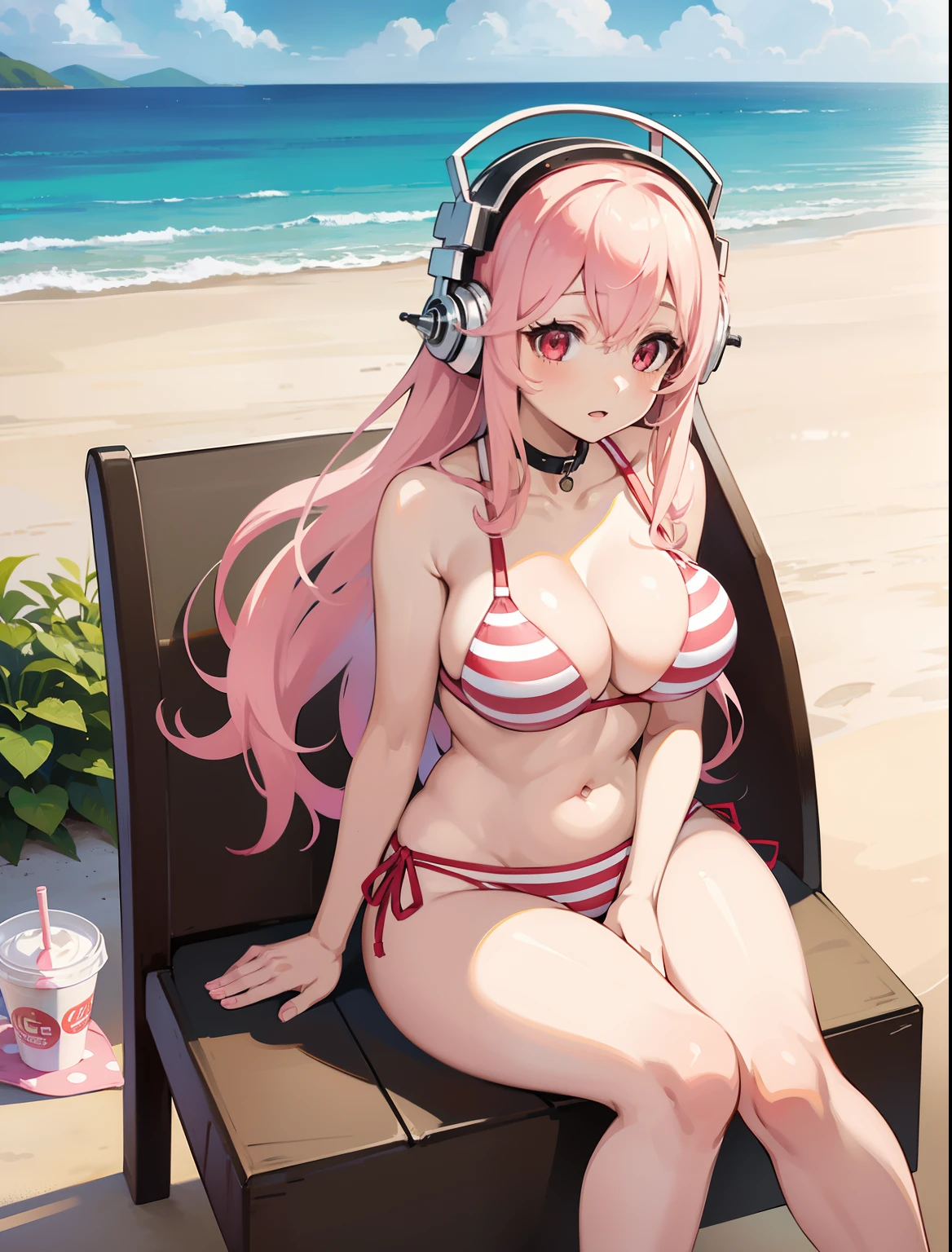 (1girl), Super Sonico enjoying the beautiful beach scenery outside a coffee shop, with her red eyes shining and headphones on, sitting on the chair in a pink and white striped bikini, massive breasts, 1girl, solo, masterpiece, high quality