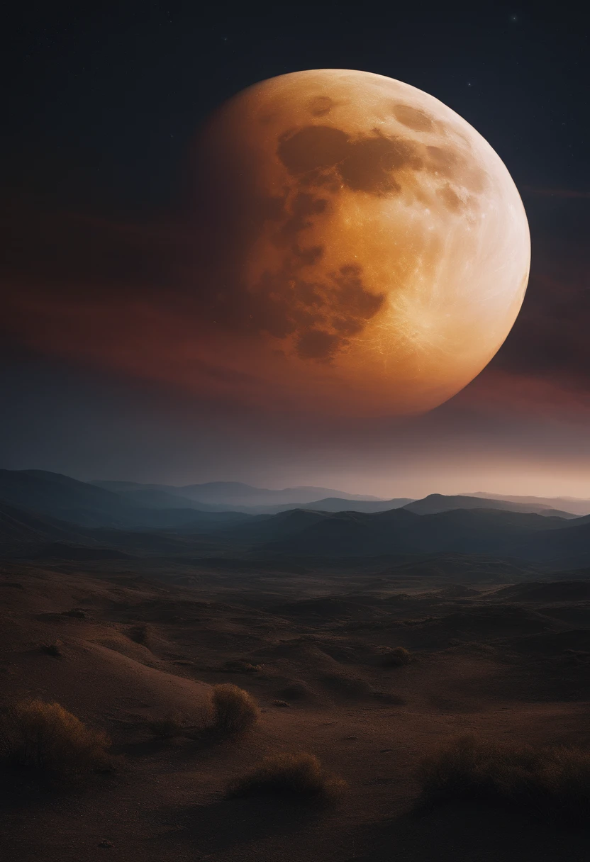 a moon, Oil Paint Style, Apocalypse, Profound, Best Quality, Moon, Ethereal, 4K,8K, hight resolution, masutepiece:1.2, Ultra-detailed, Photorealistic, Texture, Vibrant colors, Dramatic Lighting, conceito, exquisitedetails, Ethereal, Mysterious, divine presence.