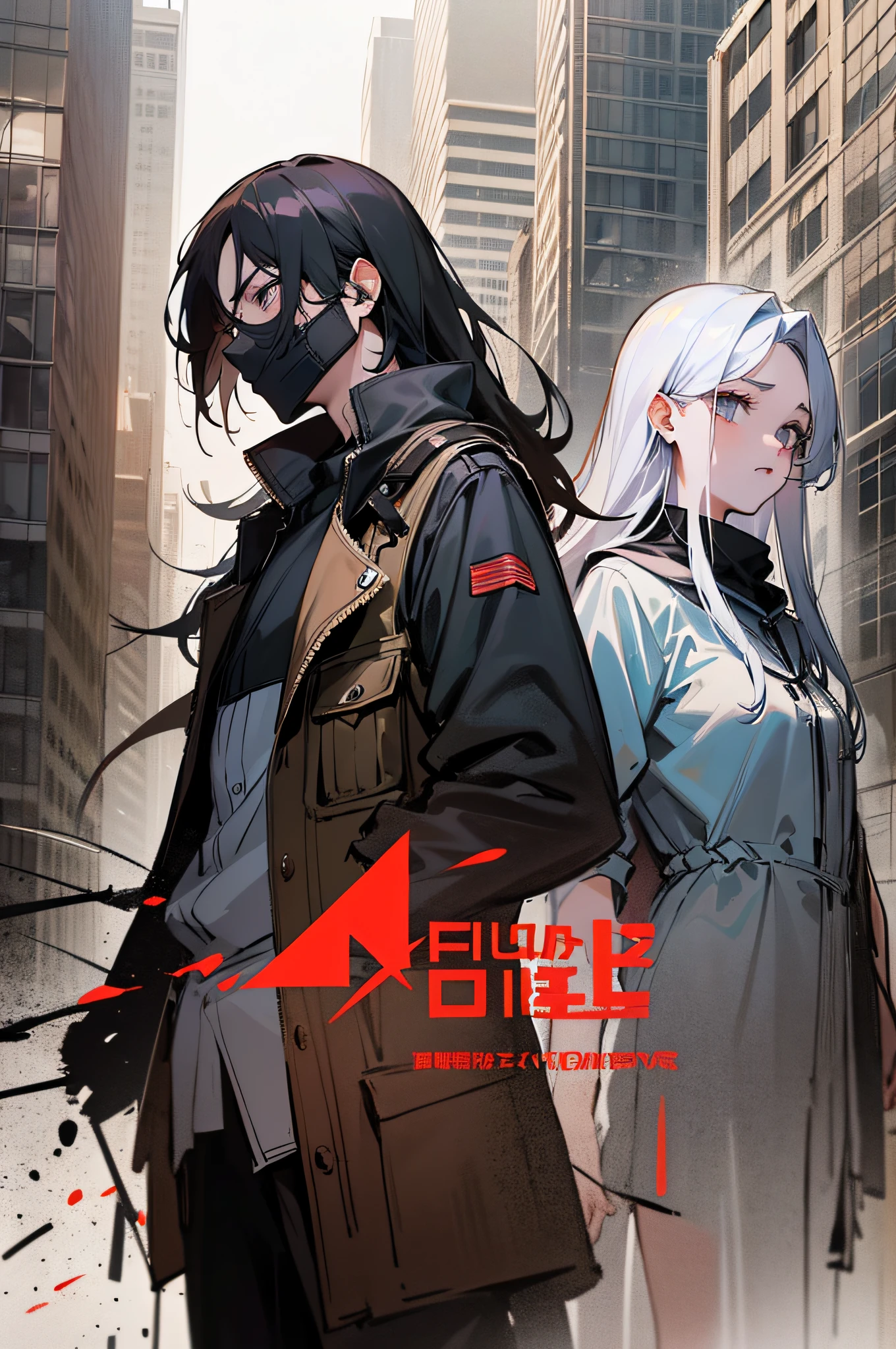 Design a cover for a web novel,The theme is post-apocalyptic survival,Survival in the last days,catastrophe。farsightedness,Back Shadow,The content has a masked brunette male,and a woman with long white hair,Standing in the middle of the city after the earthquake,There should be a light in the picture。