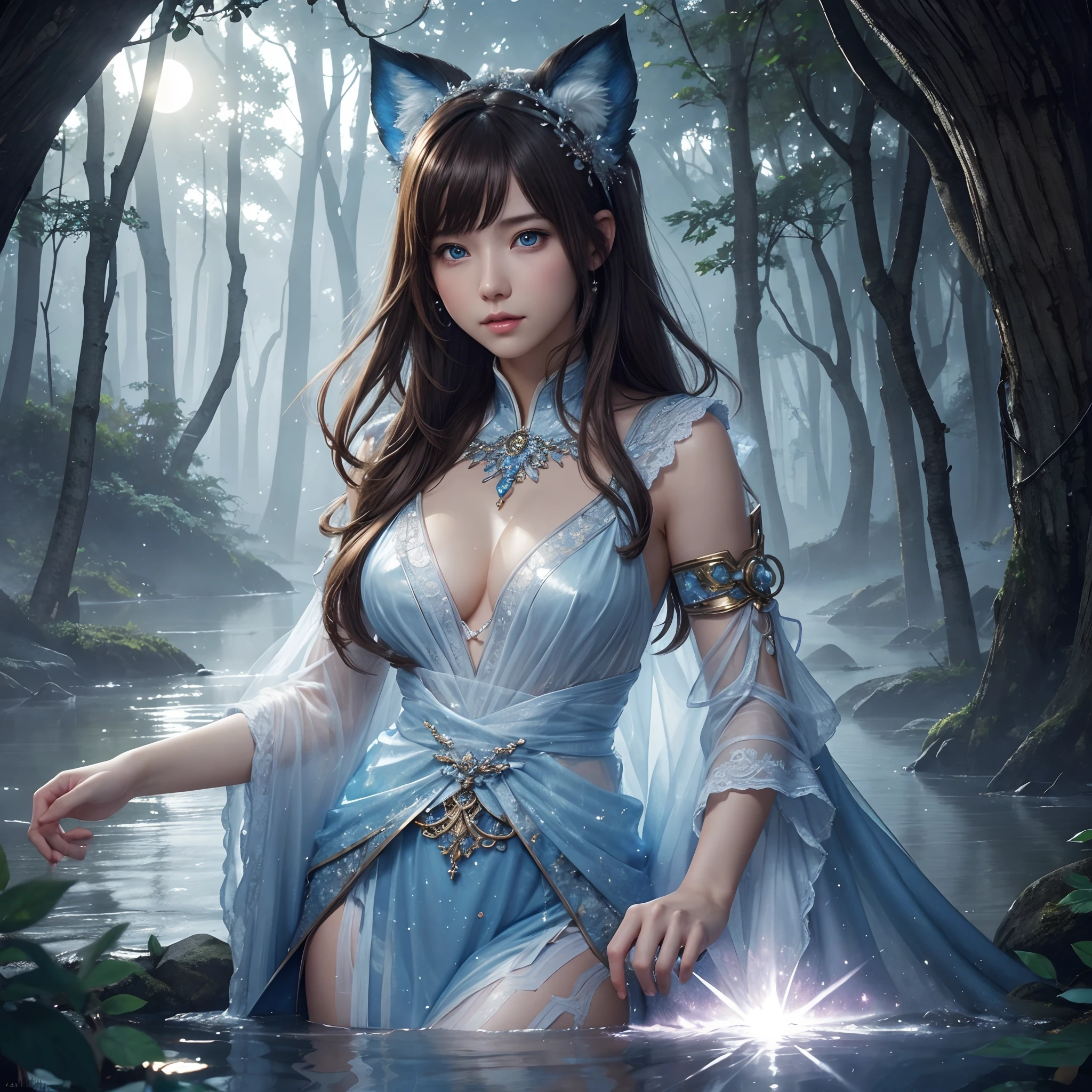 hightquality、8K Ultra HD、fullllbody、16-year-old woman、robe blanche、light brown hair、Blue eyes、(In the background is a lovely healing forest and a waterside)、cute little、Beautiful fece、portlate、Moonlight、Crystal Brilliance、art by:Alberto Seveso、Symmetrical、Abstract art style、Complex and intricate watercolor painting 、digitial painting、concept-art、Volumetric lighting、TanvirTamim、metal reflective、2d render、8K。 by artgerm、Trending on ArtStation