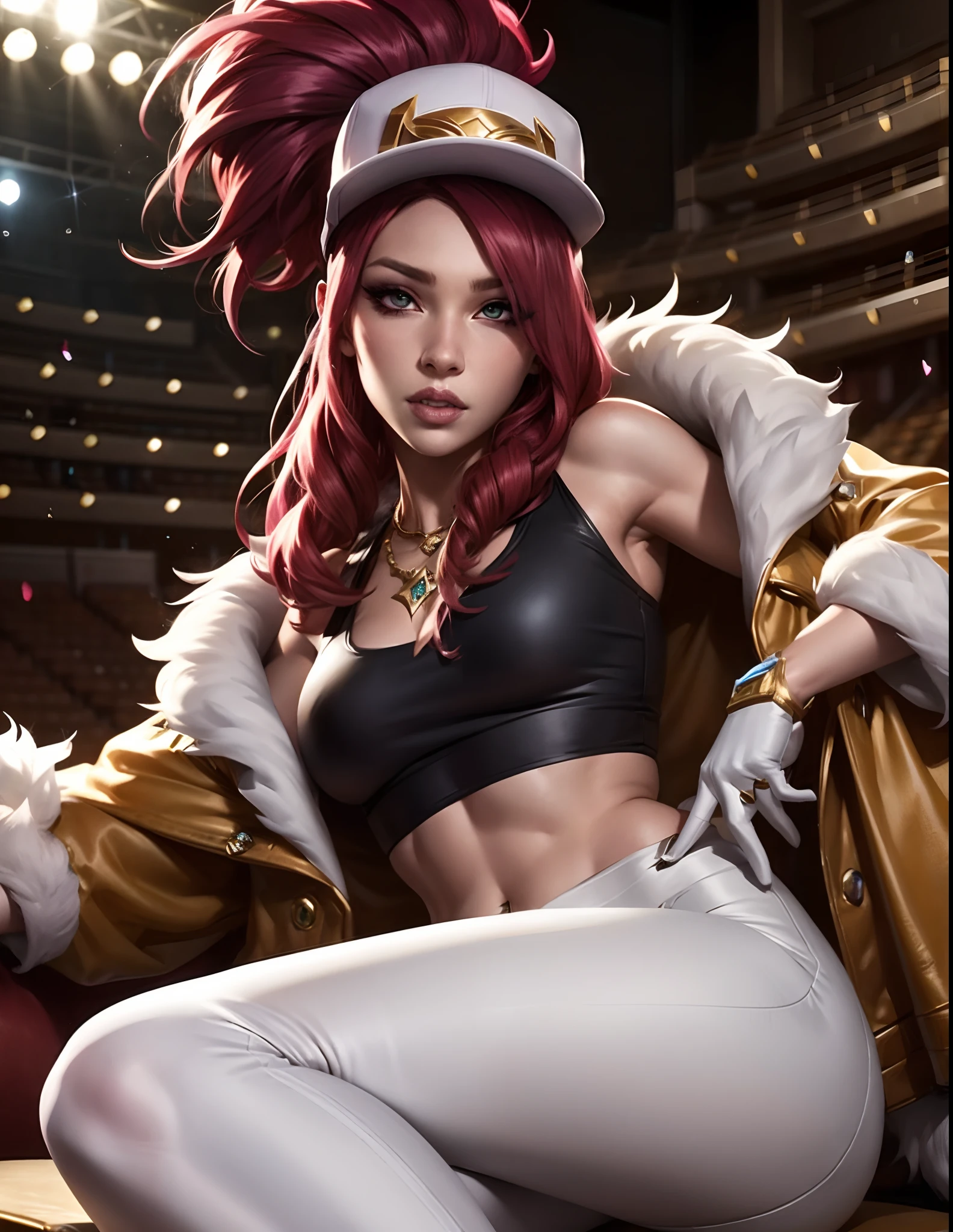 Akali kda prestige, 1girl, solo, long hair, breasts, looking at viewer, jewelry, medium breasts, red hair, necklace, hair over one eye, lips, makeup, white headwear, upper body, epic light, crop top, fur trim, jacket, concert hall, sitting, white gloves, white pants, tight pants, k/da (league of legends)