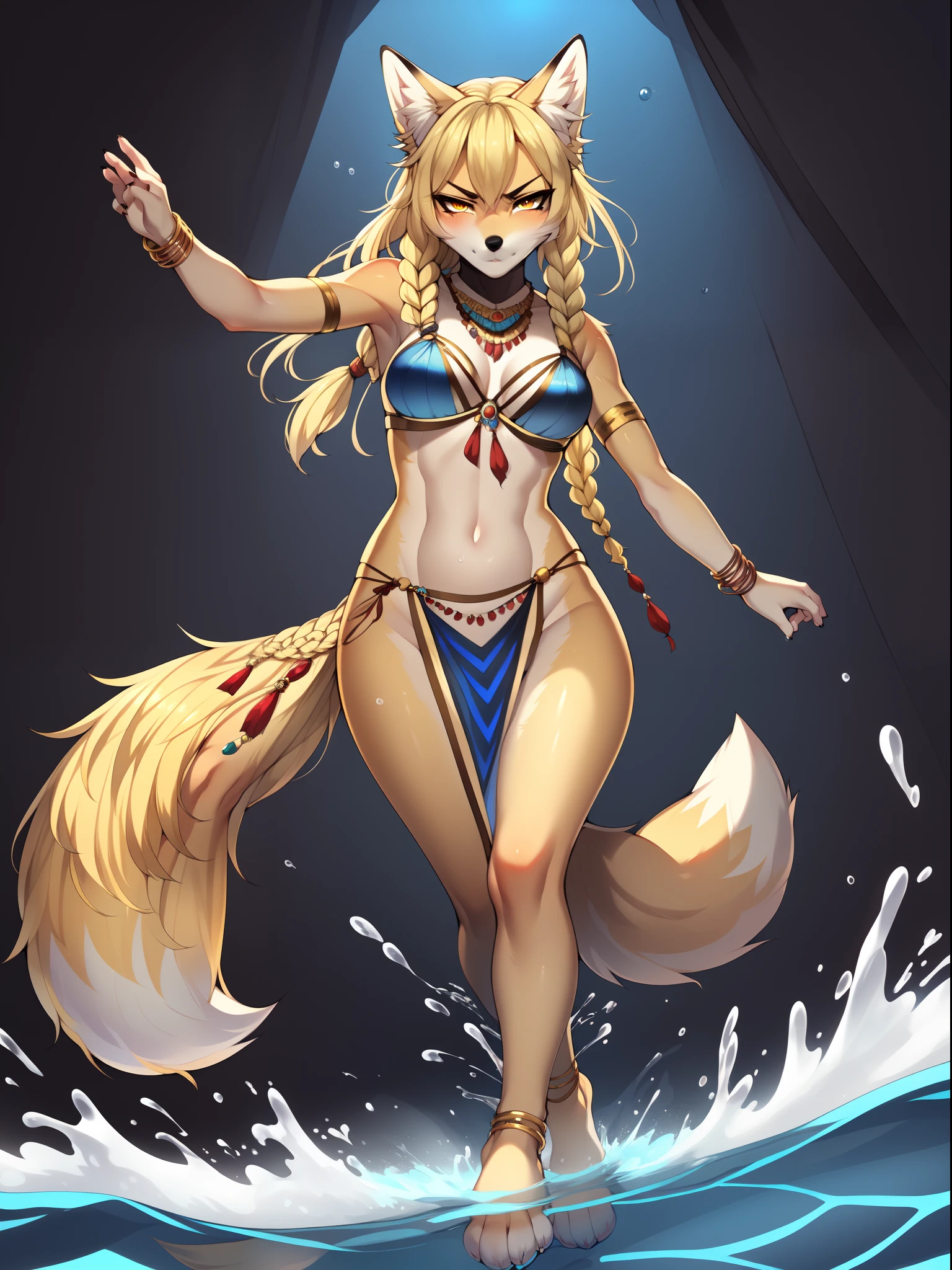 Solo, Kimiko, yellow eyes, tan fox, blonde hair, blonde fox tail, barefoot, 4 toes, tribal hair accessories, wearing skimpy oceanic tribal outfit and accessories, ankle bracelet, Simple background, standing in a body of water, seductive , magic blue water swirling around her body, water splashing everywhere, serious face, furrowed eyebrows, Dynamic pose, dynamic camera angle, By gudlmok99