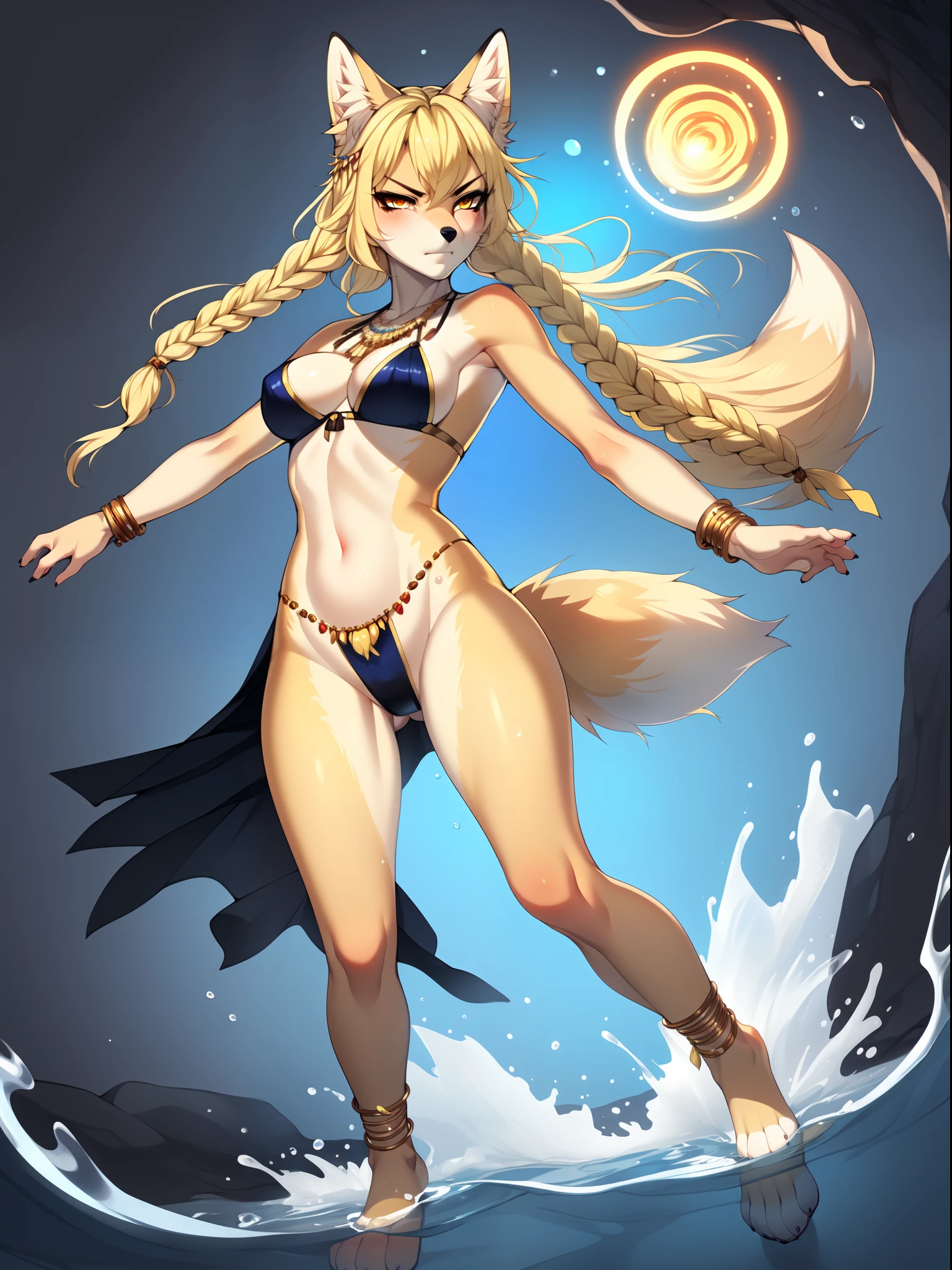 Solo, Kimiko, yellow eyes, tan fox, blonde hair, blonde fox tail, barefoot, 4 toes, tribal hair accessories, wearing skimpy oceanic tribal outfit and accessories, ankle bracelet,           Simple background, standing in a body of water, seductive , magic blue water swirling around her body, water splashing everywhere, serious face, furrowed eyebrows,     Dynamic pose, dynamic camera angle,      By gudlmok99