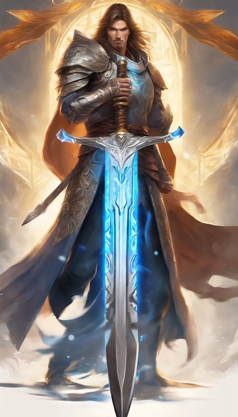 (best quality,4k,8k,highres,masterpiece:1.2),ultra-detailed,realistic,mastersword,legendary weapon,precise craftsmanship,detailed hilt,sharp blade,properly proportioned,beautifully textured,mythical sword,iconic symbol,hero's weapon,forged by the gods,sword of destiny,enchanted blade,glowing blue aura,legendary battles,ultimate power weapon,destined to defeat evil,classic video game weapon,sword of the chosen one,masterful design,intricate engravings,powerful artifact,epic hero's journey,impeccable quality craftsmanship,striking and elegant,centerpiece of the artwork,shimmering with divine energy,sharp enough to cut through anything,radiating strength and power,fit for a true hero,artistic homage to the game,signature weapon of the hero,pristine metalwork,exquisite attention to detail,colorful gems embedded in the hilt,legendary legacy,unbreakable and indestructible:focus on the blade's reflections and highlights,create an atmosphere of reverence and awe,showcase the iconic sword in a dynamic pose and perspective,bring out the mythical essence and power of the Mastersword.