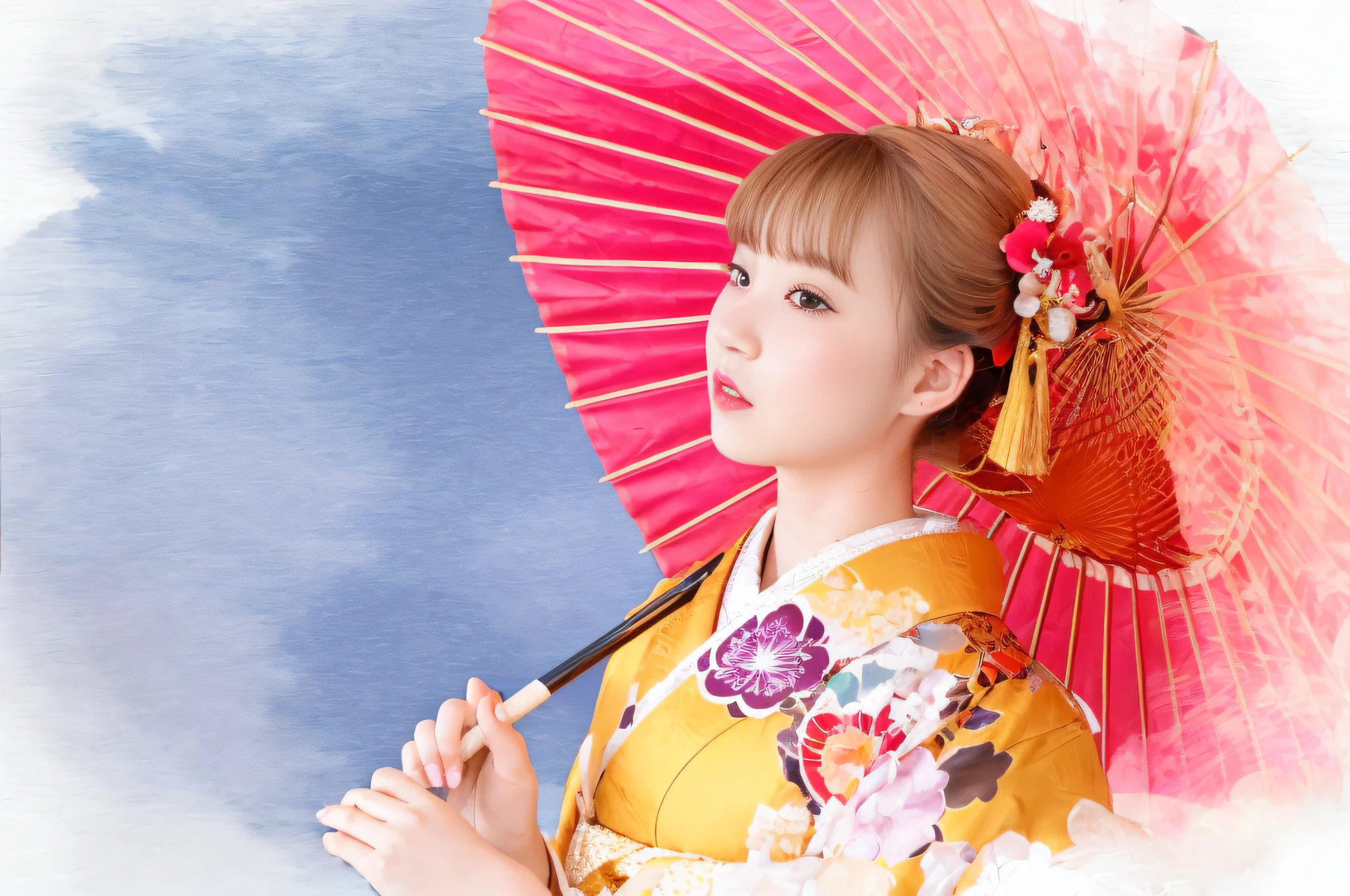 There is a woman in a kimono holding a red umbrella, in a kimono, wearing royal kimono, Kimono, in a kimono, Wearing kimono, japanese kimono, Wearing a kimono, Red kimono, A Japanese style, pale and coloured kimono, geisha photo portrait, shikamimi, bathrobe, sakimichan, Ayaka, traditional japanese