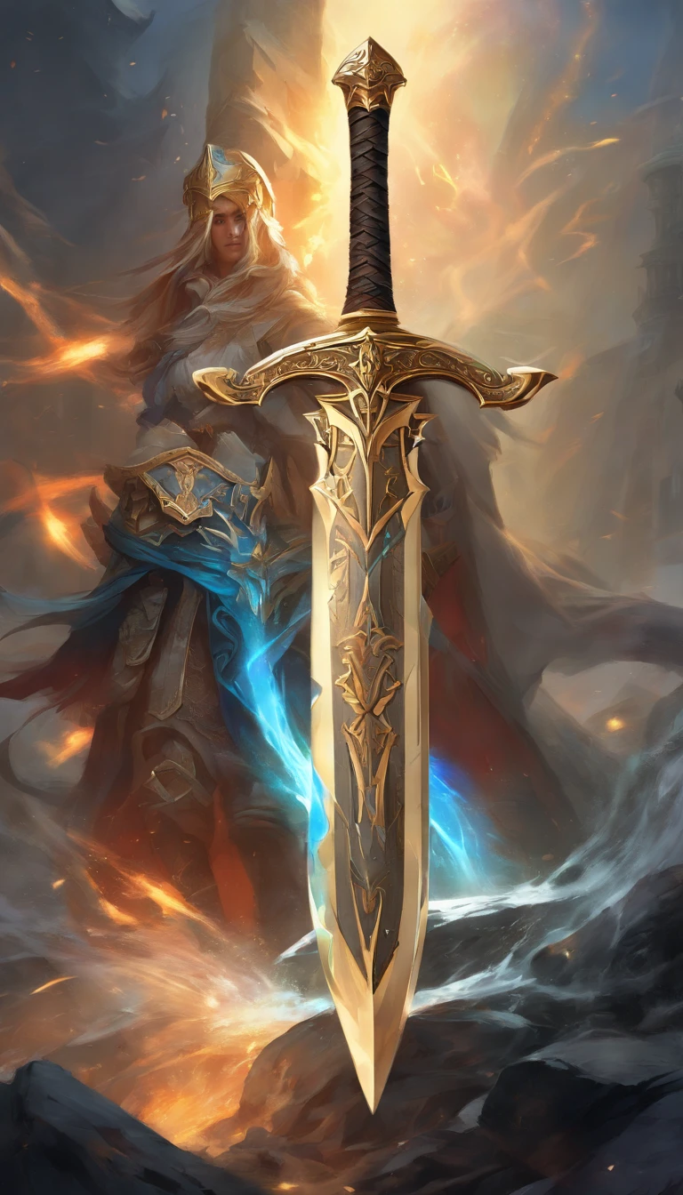 (best quality,4k,8k,highres,masterpiece:1.2),ultra-detailed,realistic,mastersword,legendary weapon,precise craftsmanship,detailed hilt,sharp blade,properly proportioned,beautifully textured,mythical sword,iconic symbol,hero's weapon,forged by the gods,sword of destiny,enchanted blade,glowing blue aura,legendary battles,ultimate power weapon,destined to defeat evil,classic video game weapon,sword of the chosen one,masterful design,intricate engravings,powerful artifact,epic hero's journey,impeccable quality craftsmanship,striking and elegant,centerpiece of the artwork,shimmering with divine energy,sharp enough to cut through anything,radiating strength and power,fit for a true hero,artistic homage to the game,signature weapon of the hero,pristine metalwork,exquisite attention to detail,colorful gems embedded in the hilt,legendary legacy,unbreakable and indestructible:focus on the blade's reflections and highlights,create an atmosphere of reverence and awe,showcase the iconic sword in a dynamic pose and perspective,bring out the mythical essence and power of the Mastersword.