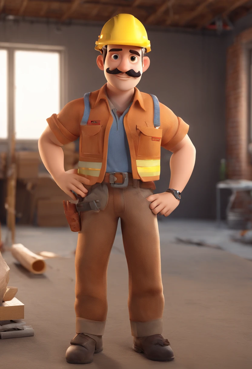 Estilo Pixar: Brown-eyed man with construction helmet on his head, 27 years old with short dark brown mustache, , brinco na orelha direita, folded arms, tattoo on the arms, sorrindo com camisa branca, in a building under construction
