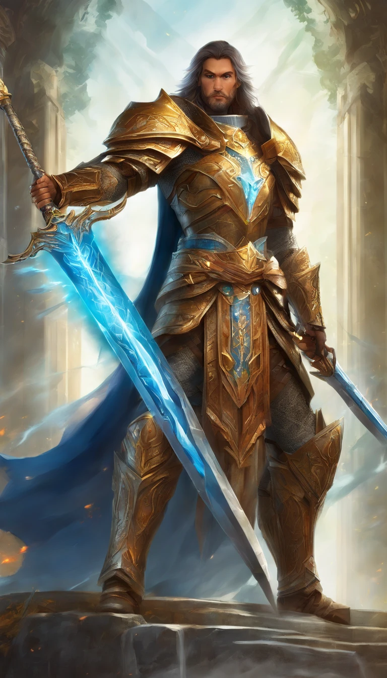 (best quality,4k,8k,highres,masterpiece:1.2),ultra-detailed,realistic,mastersword,legendary weapon,precise craftsmanship,detailed hilt,sharp blade,properly proportioned,beautifully textured,mythical sword,iconic symbol,hero's weapon,forged by the gods,sword of destiny,enchanted blade,glowing blue aura,legendary battles,ultimate power weapon,destined to defeat evil,classic video game weapon,sword of the chosen one,masterful design,intricate engravings,powerful artifact,epic hero's journey,impeccable quality craftsmanship,striking and elegant,centerpiece of the artwork,shimmering with divine energy,sharp enough to cut through anything,radiating strength and power,fit for a true hero,artistic homage to the game,signature weapon of the hero,pristine metalwork,exquisite attention to detail,colorful gems embedded in the hilt,legendary legacy,unbreakable and indestructible:focus on the blade's reflections and highlights,create an atmosphere of reverence and awe,showcase the iconic sword in a dynamic pose and perspective,bring out the mythical essence and power of the Mastersword.