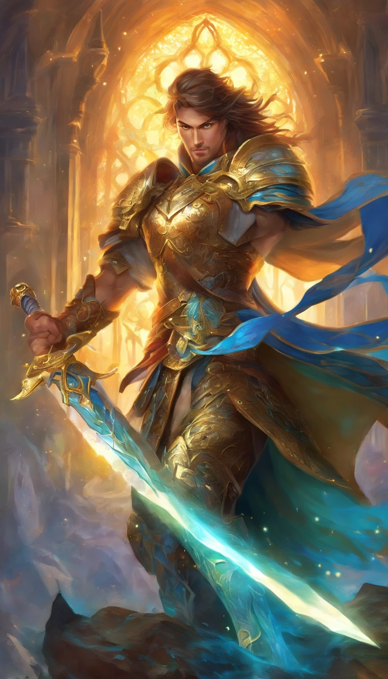 (best quality,4k,8k,highres,masterpiece:1.2),ultra-detailed,realistic,mastersword,legendary weapon,precise craftsmanship,detailed hilt,sharp blade,properly proportioned,beautifully textured,mythical sword,iconic symbol,hero's weapon,forged by the gods,sword of destiny,enchanted blade,glowing blue aura,legendary battles,ultimate power weapon,destined to defeat evil,classic video game weapon,sword of the chosen one,masterful design,intricate engravings,powerful artifact,epic hero's journey,impeccable quality craftsmanship,striking and elegant,centerpiece of the artwork,shimmering with divine energy,sharp enough to cut through anything,radiating strength and power,fit for a true hero,artistic homage to the game,signature weapon of the hero,pristine metalwork,exquisite attention to detail,colorful gems embedded in the hilt,legendary legacy,unbreakable and indestructible:focus on the blade's reflections and highlights,create an atmosphere of reverence and awe,showcase the iconic sword in a dynamic pose and perspective,bring out the mythical essence and power of the Mastersword.