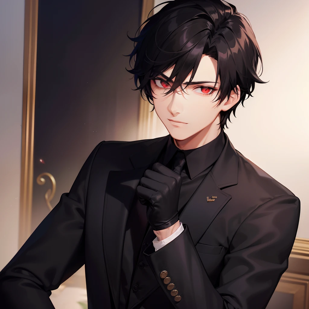 A handsome man with deep red eyes and blackish hair, wearing a all black suit, black gloves and looking at you coldly